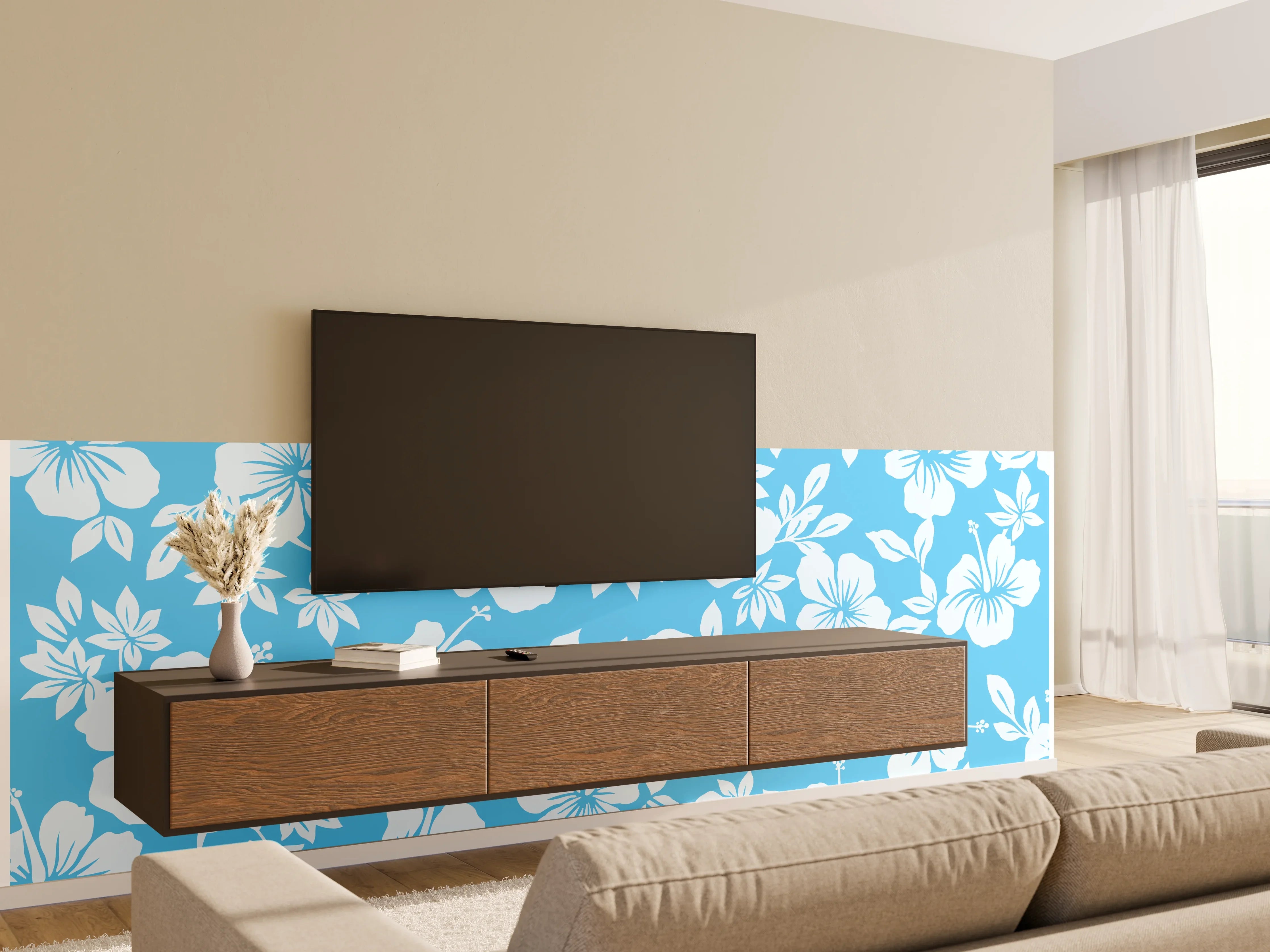 Wandverkleidung Wohnzimmer - Blühende Hibiskusmuster in Blau
