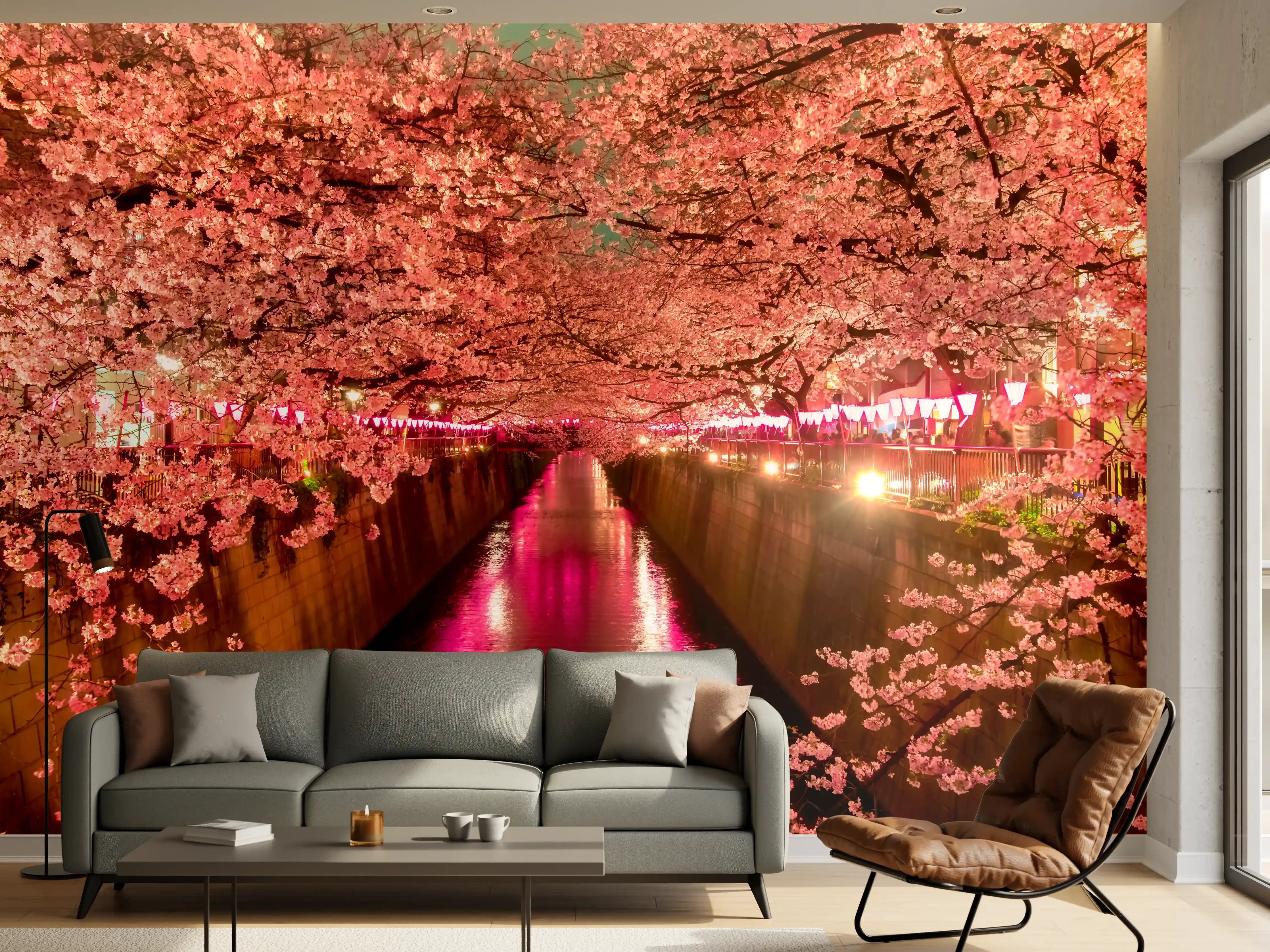 Wandverkleidung Wohnzimmer - Blühende Kirschbäume am Fluss bei Nacht