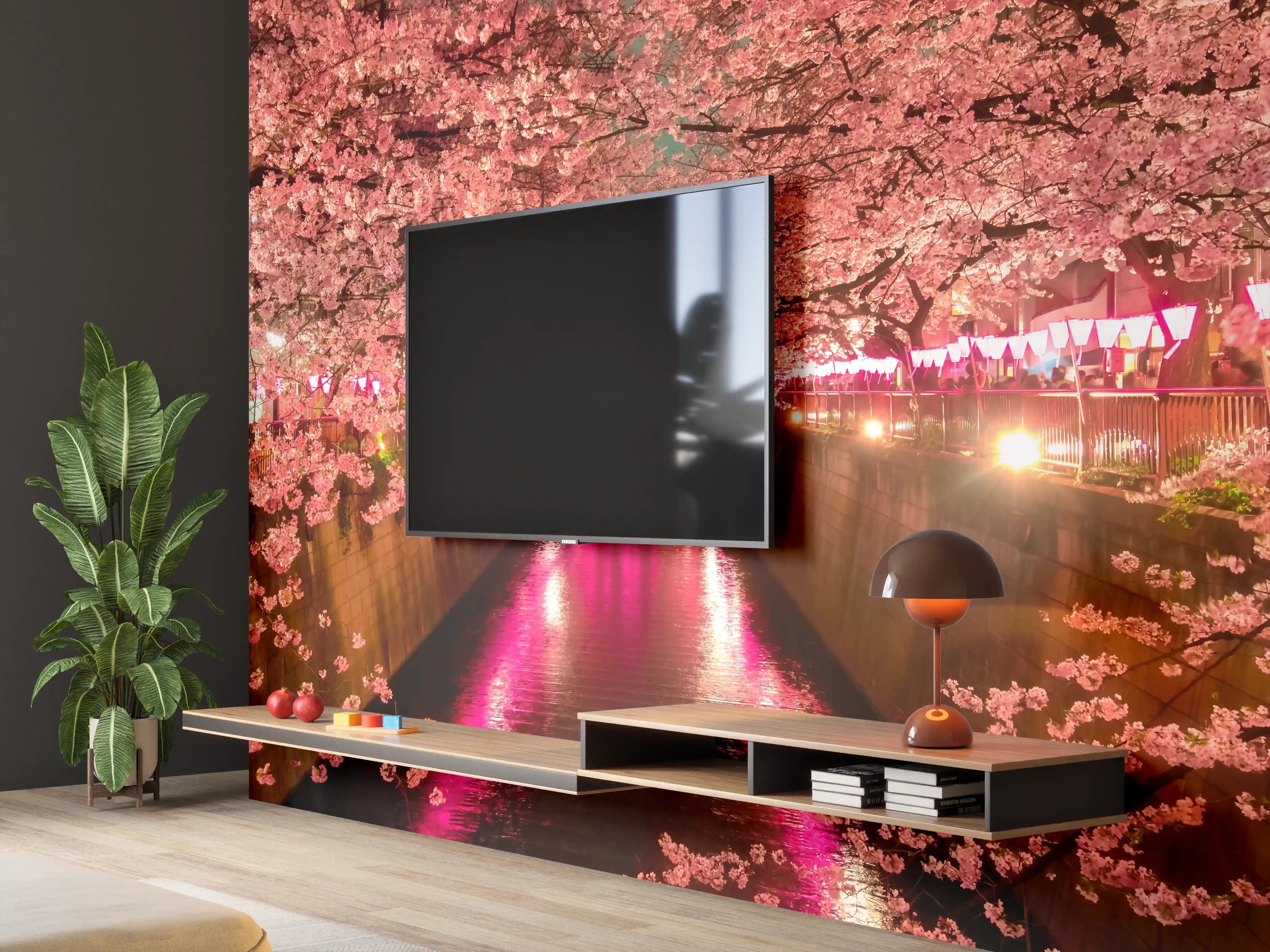 Wandverkleidung Wohnzimmer - Blühende Kirschbäume am Fluss bei Nacht