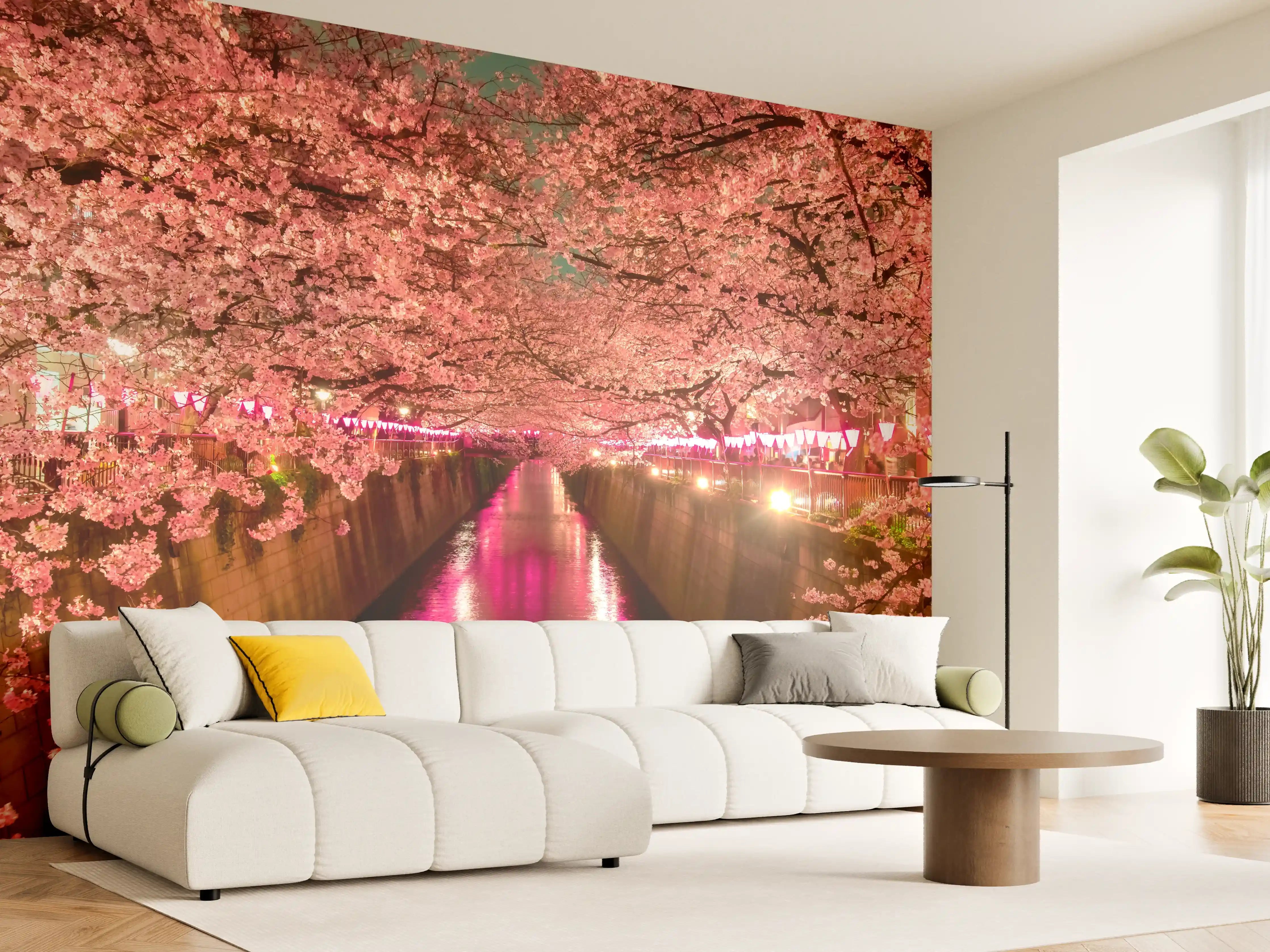 Wandverkleidung Wohnzimmer - Blühende Kirschbäume am Fluss bei Nacht