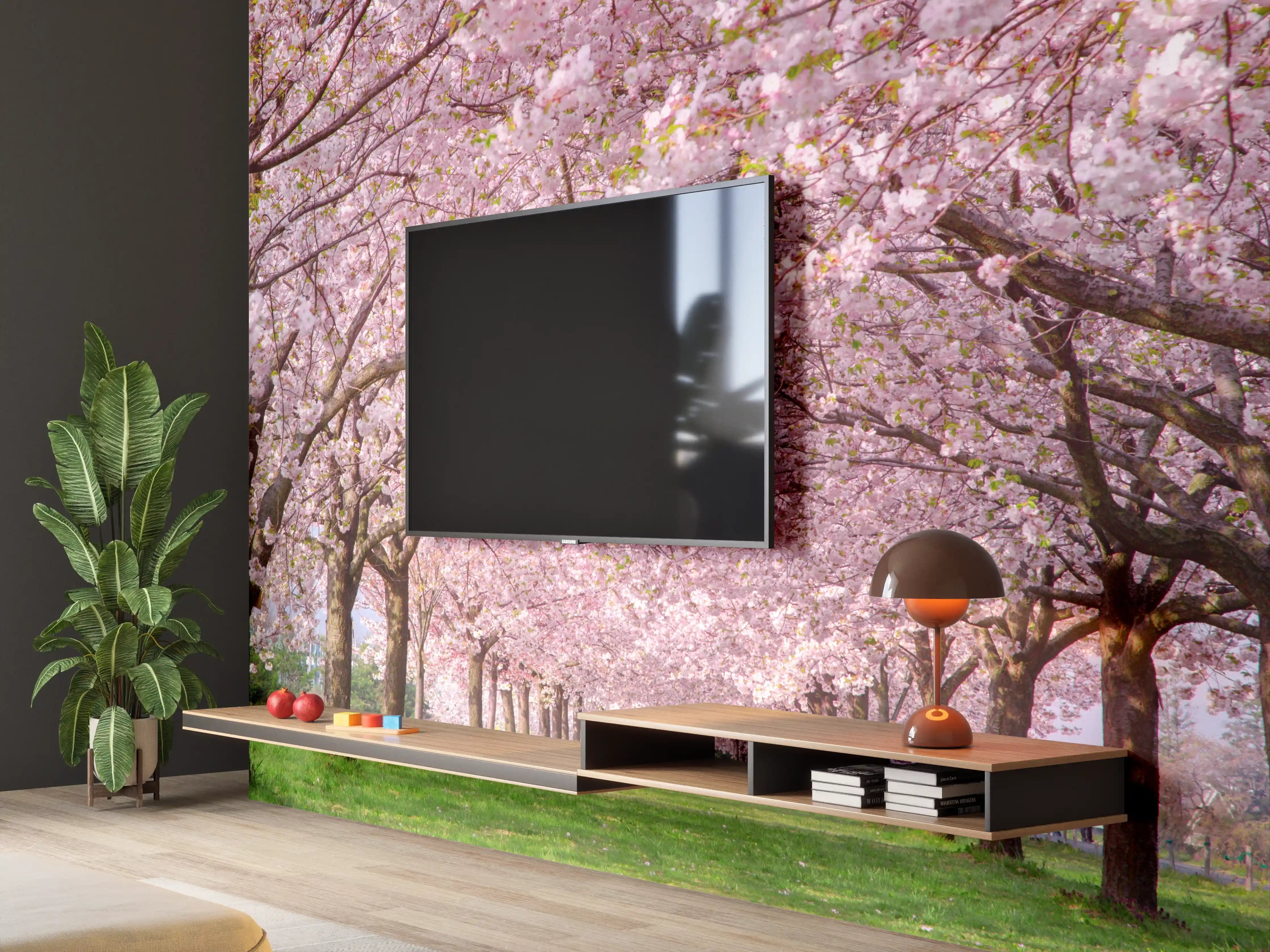 Wandverkleidung Wohnzimmer - Blühende Kirschbäume im Frühling