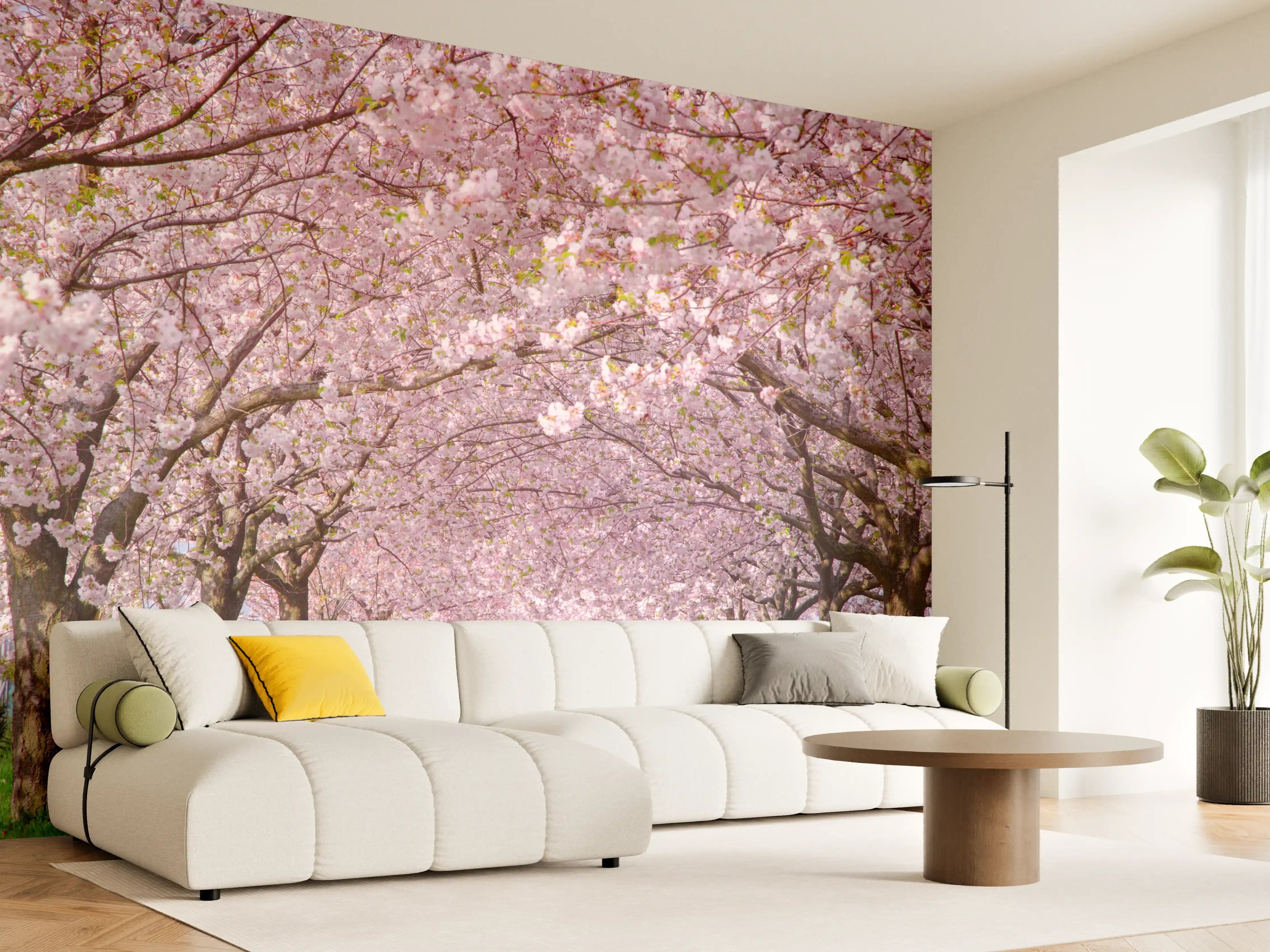 Wandverkleidung Wohnzimmer - Blühende Kirschbäume im Frühling
