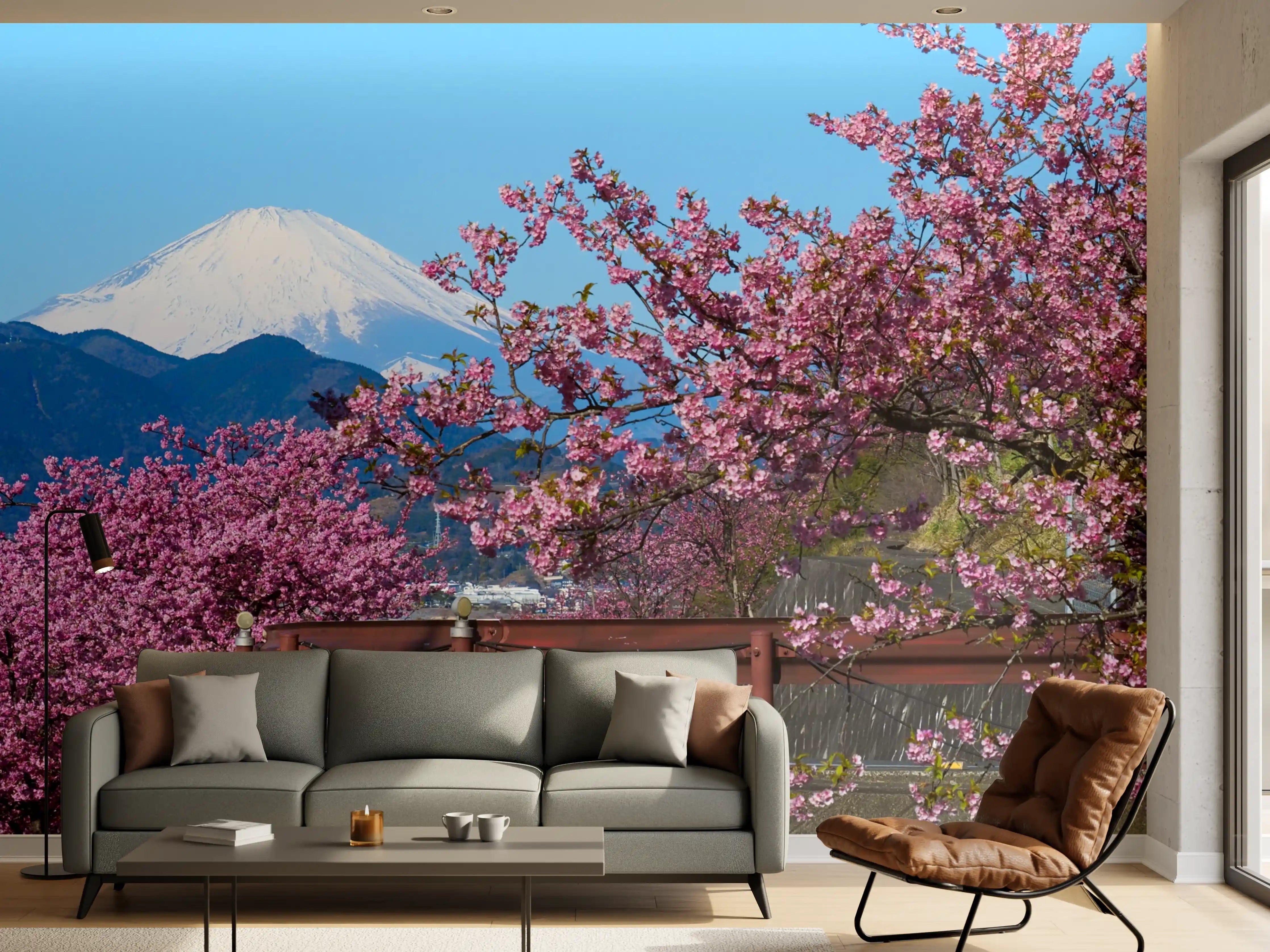 Wandverkleidung Wohnzimmer - Blühende Kirschbäume vor Mount Fuji