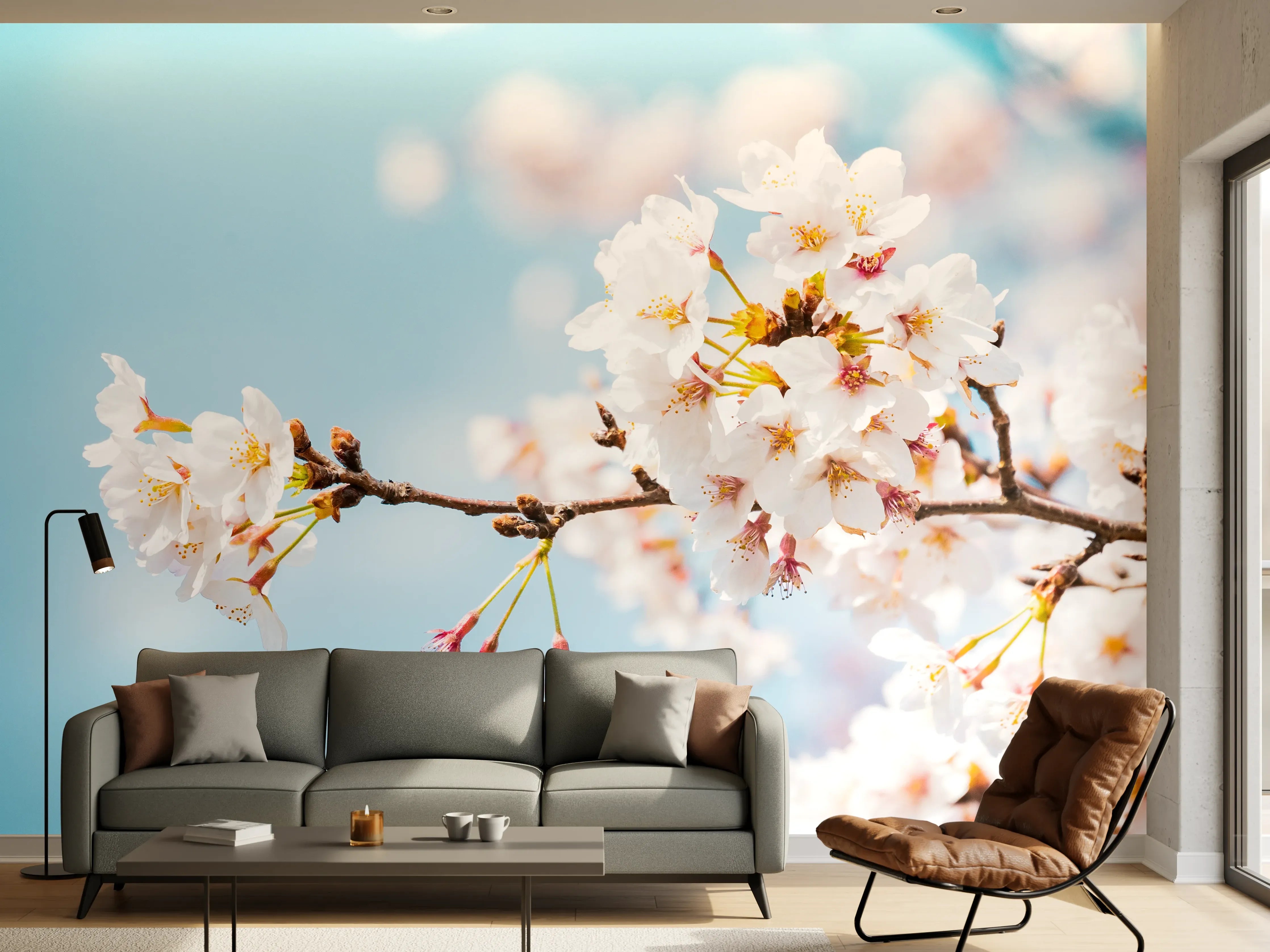 Wandverkleidung Wohnzimmer - Blühende Kirschblüten im Frühling