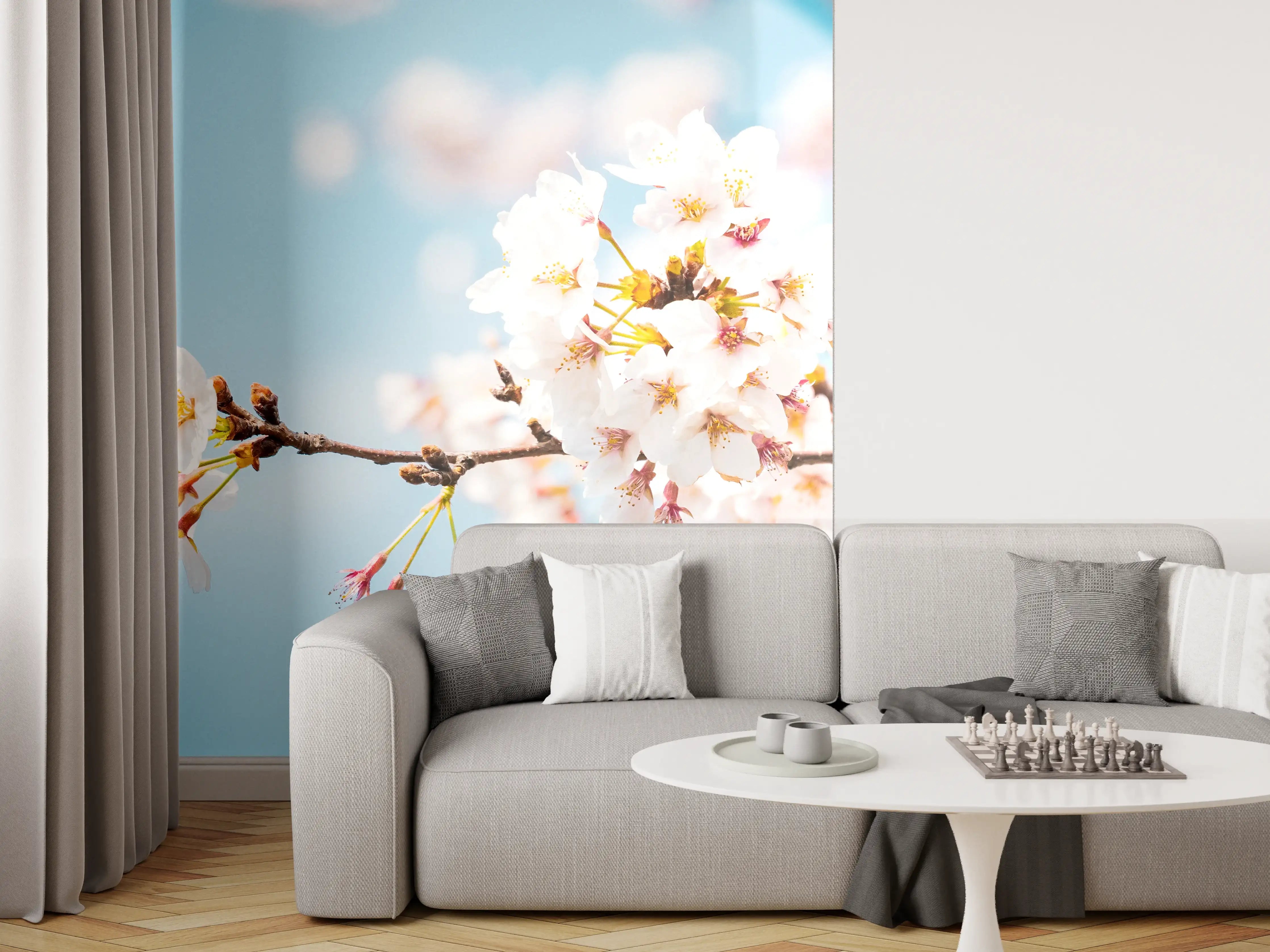 Wandverkleidung Wohnzimmer - Blühende Kirschblüten im Frühling
