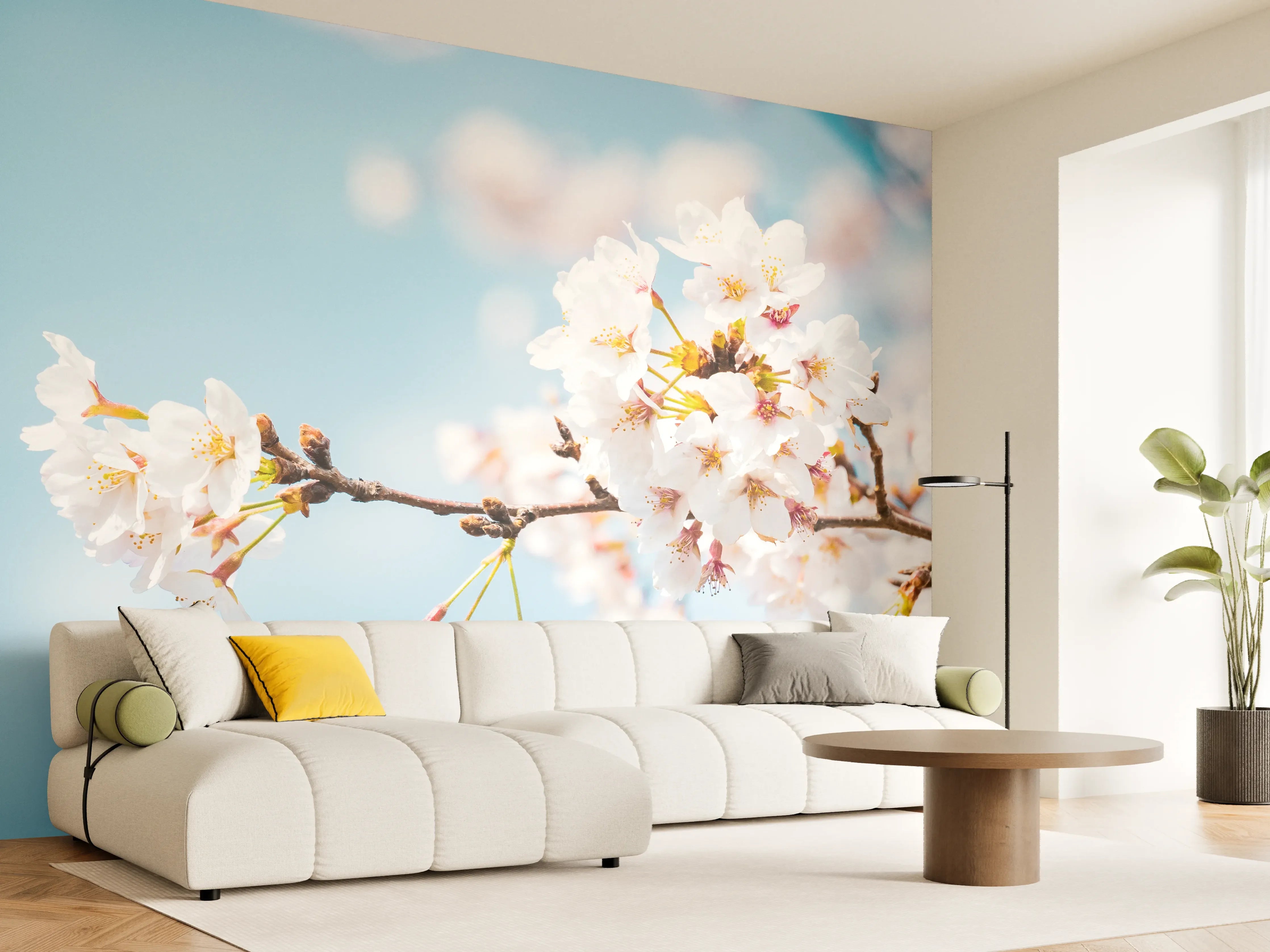 Wandverkleidung Wohnzimmer - Blühende Kirschblüten im Frühling