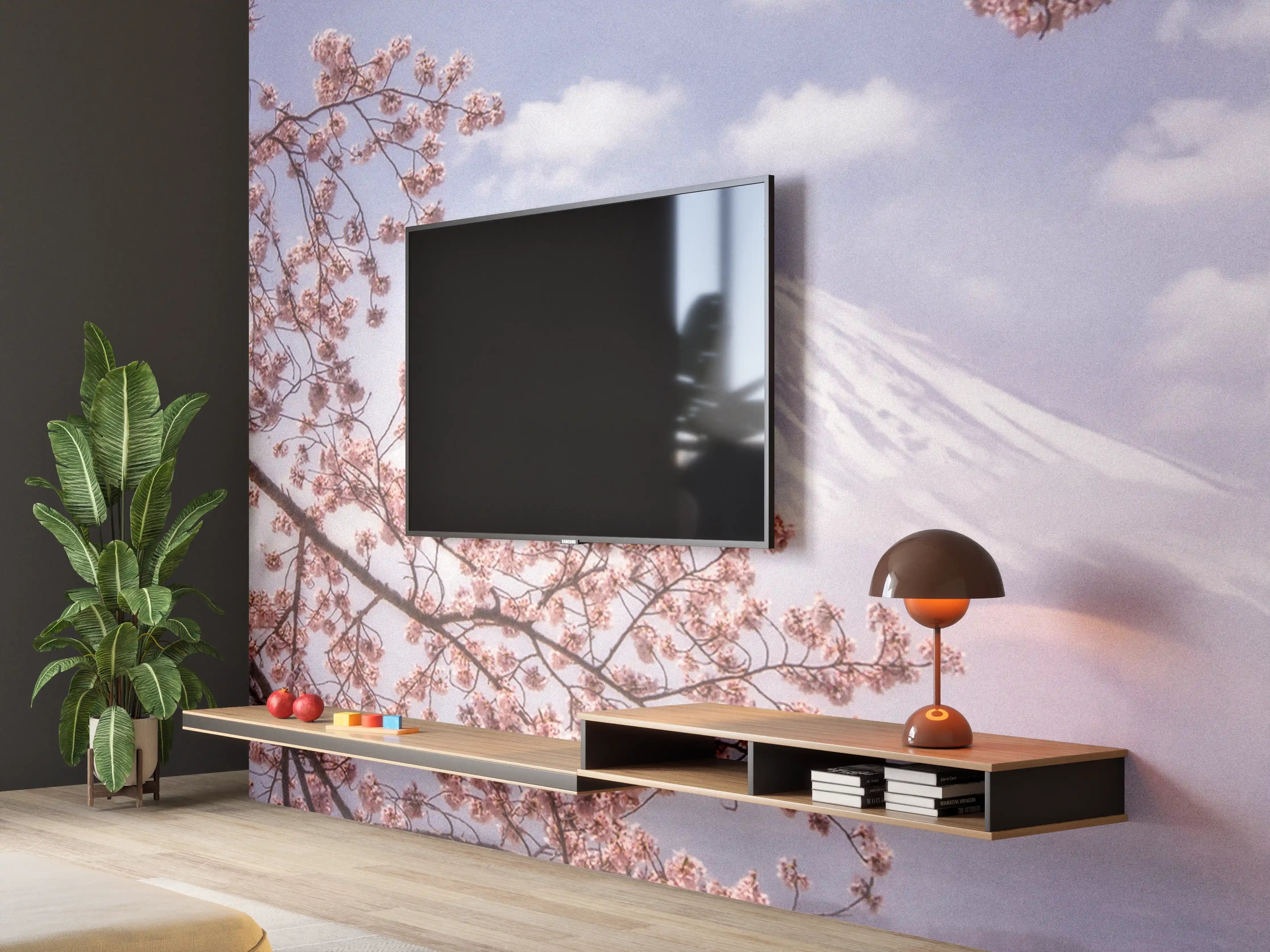 Wandverkleidung Wohnzimmer - Blühende Kirschblüten vor majestätischem Vulkan