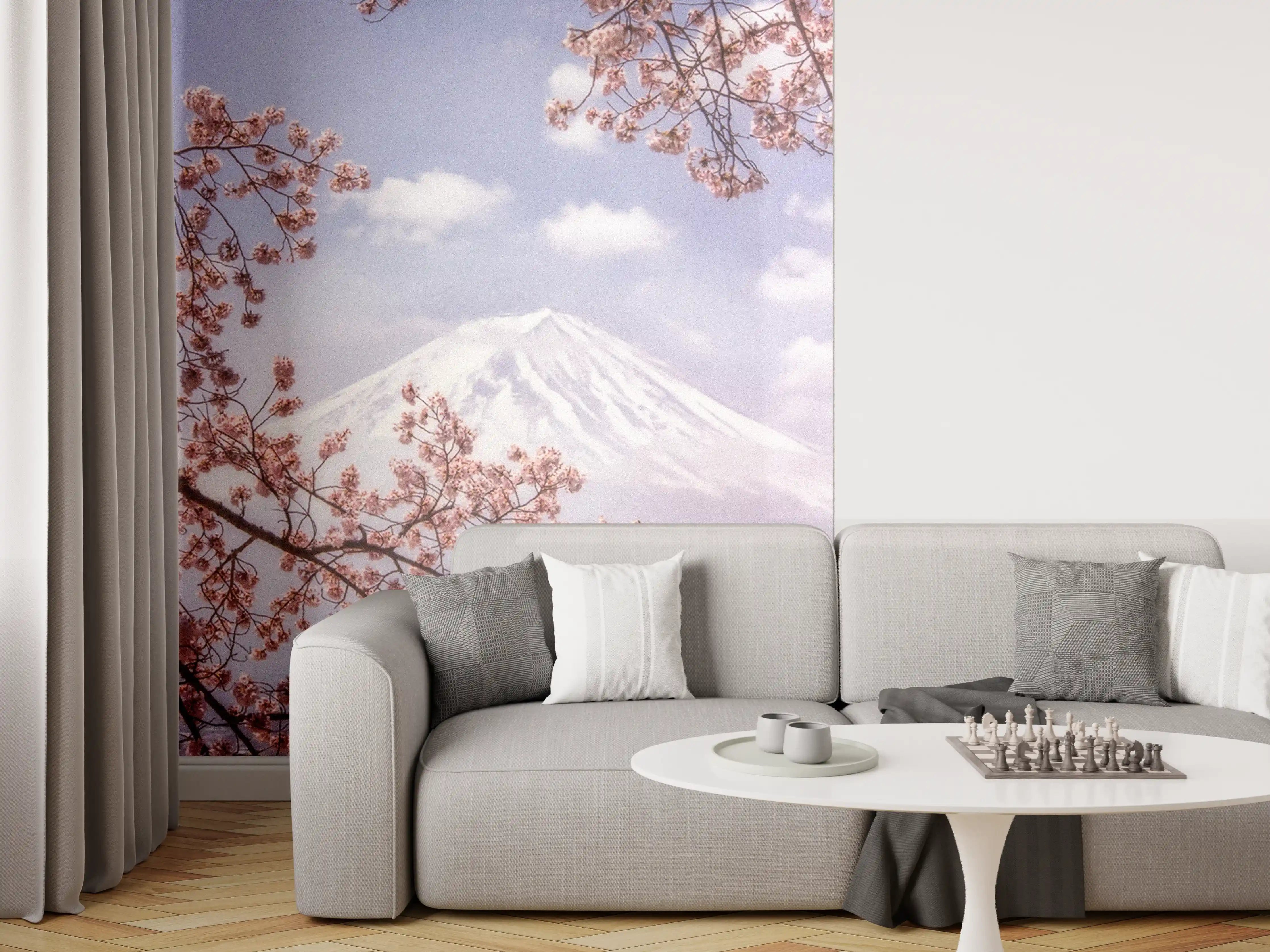 Wandverkleidung Wohnzimmer - Blühende Kirschblüten vor majestätischem Vulkan