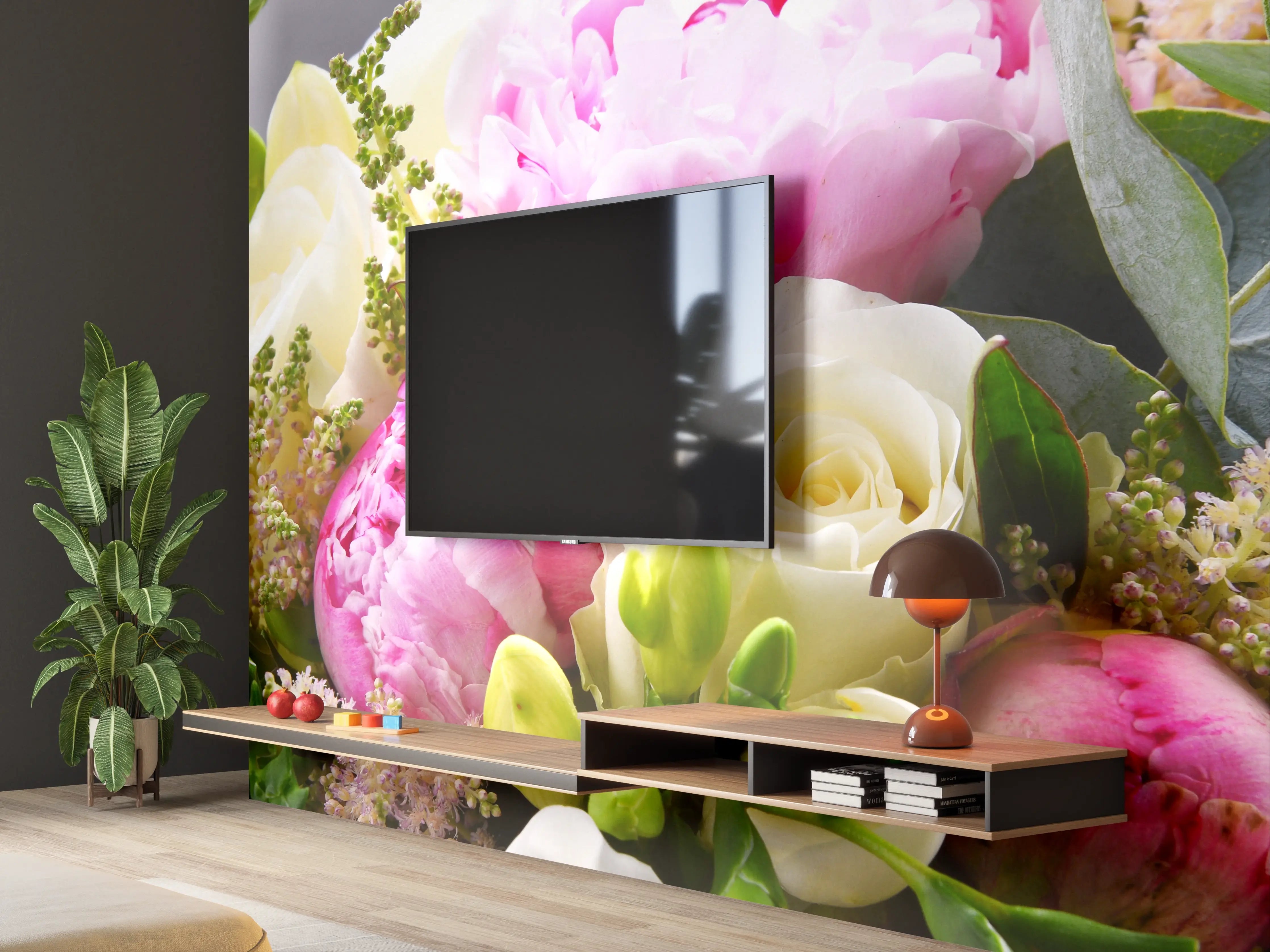 Wandverkleidung Wohnzimmer - Blühender Blumenstrauß in sanften Pastelltönen