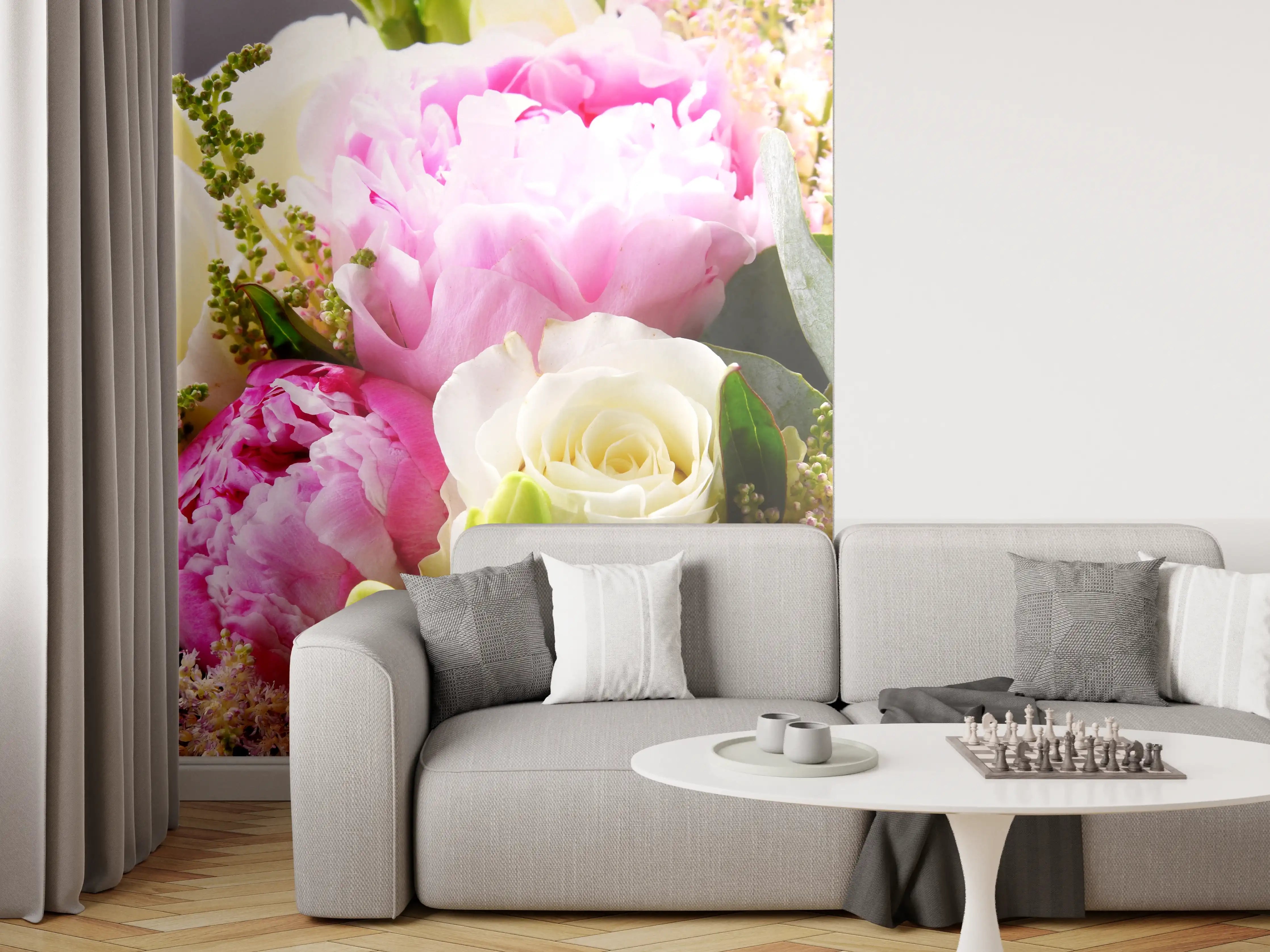 Wandverkleidung Wohnzimmer - Blühender Blumenstrauß in sanften Pastelltönen