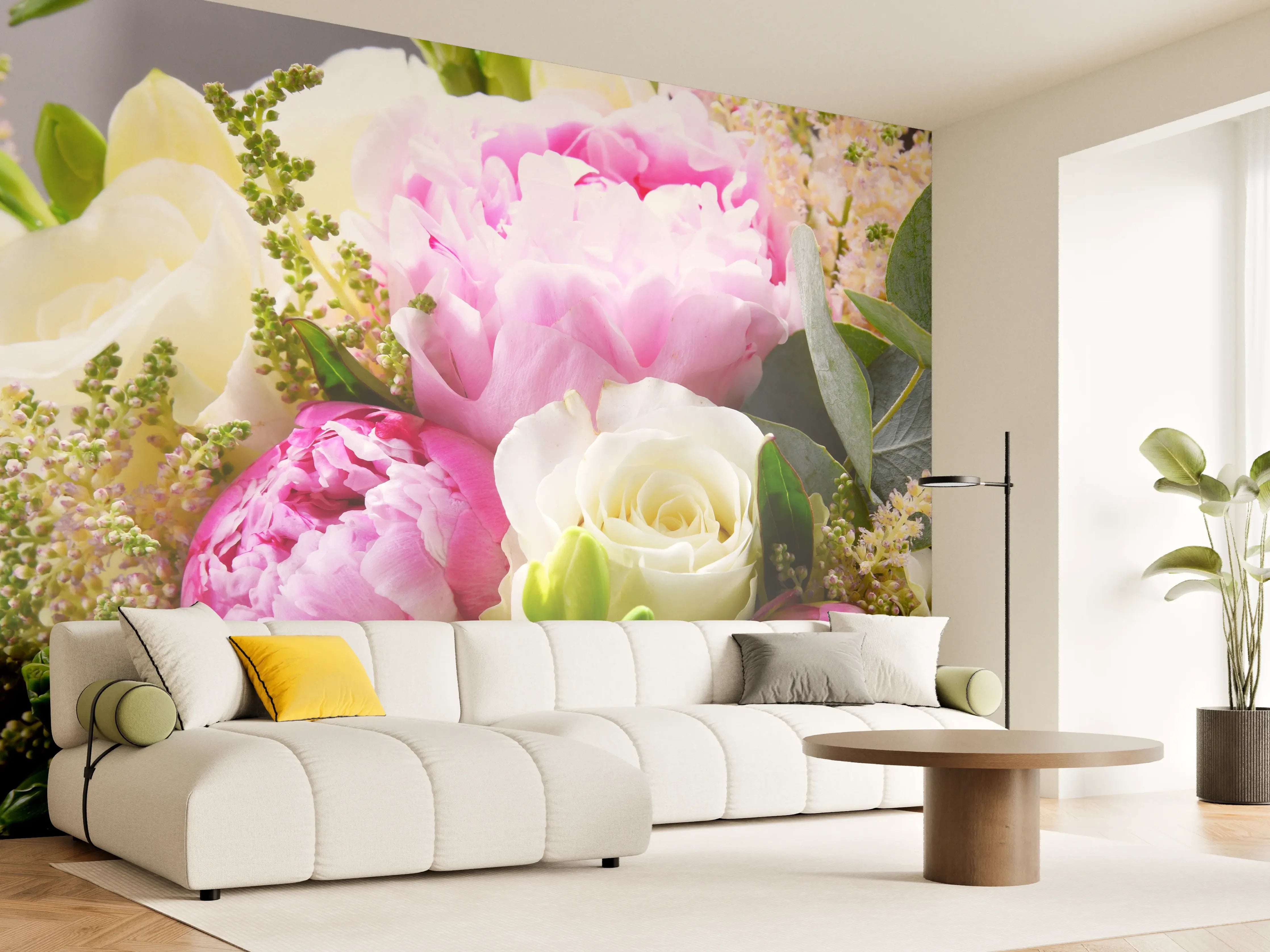 Wandverkleidung Wohnzimmer - Blühender Blumenstrauß in sanften Pastelltönen