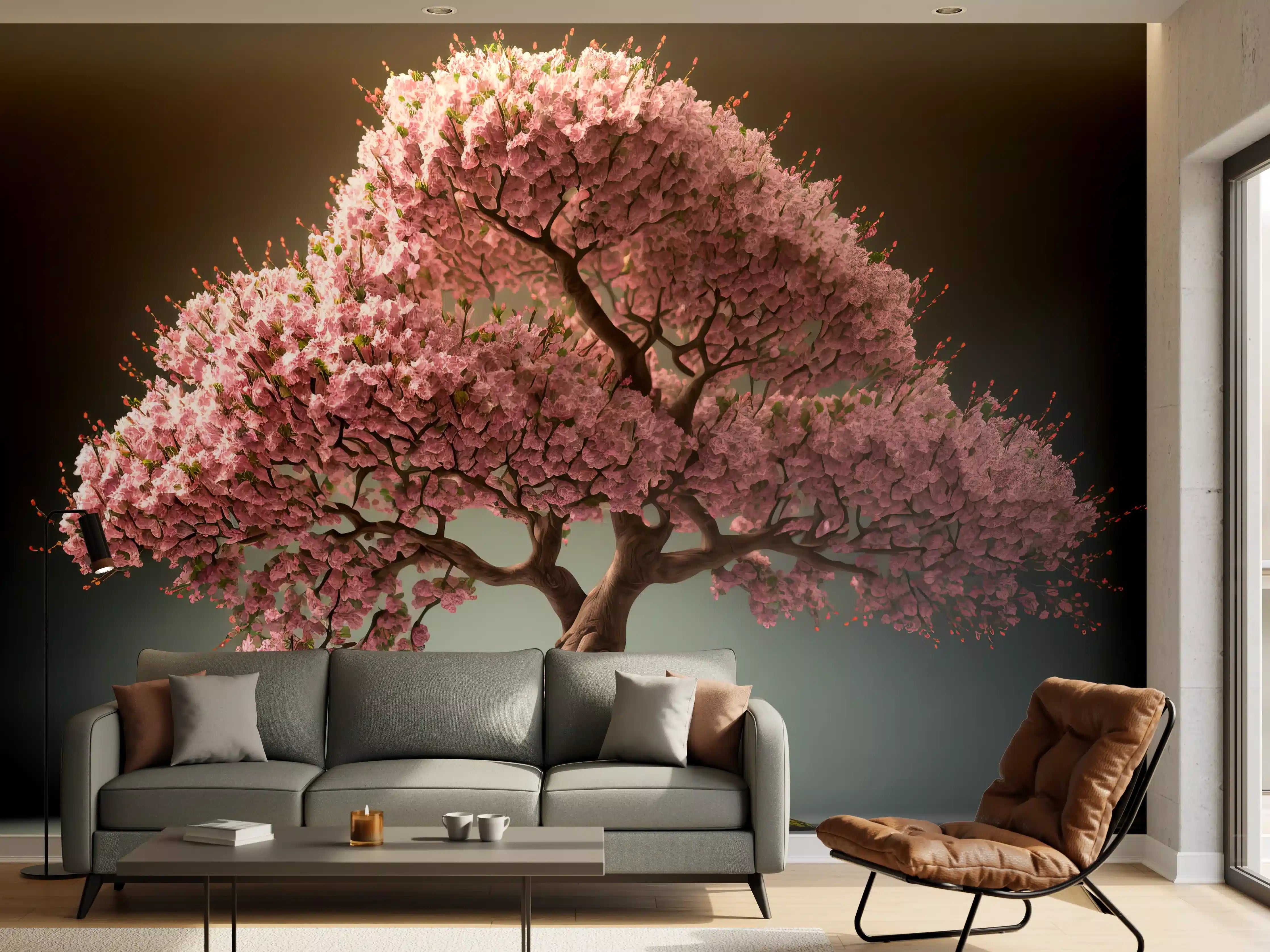 Wandverkleidung Wohnzimmer - Blühender Kirschbaum im Garten