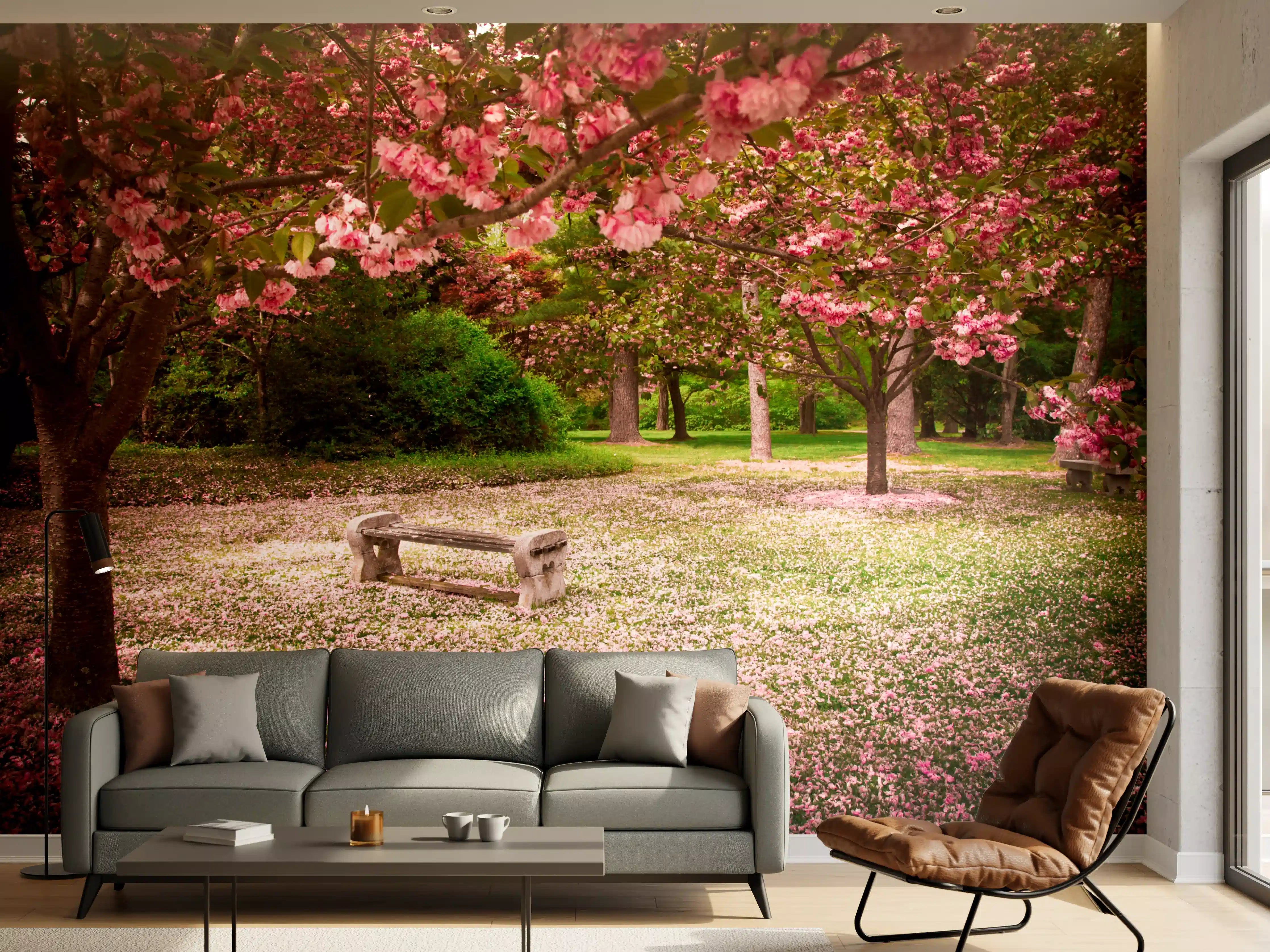 Wandverkleidung Wohnzimmer - Blühender Park im Frühling
