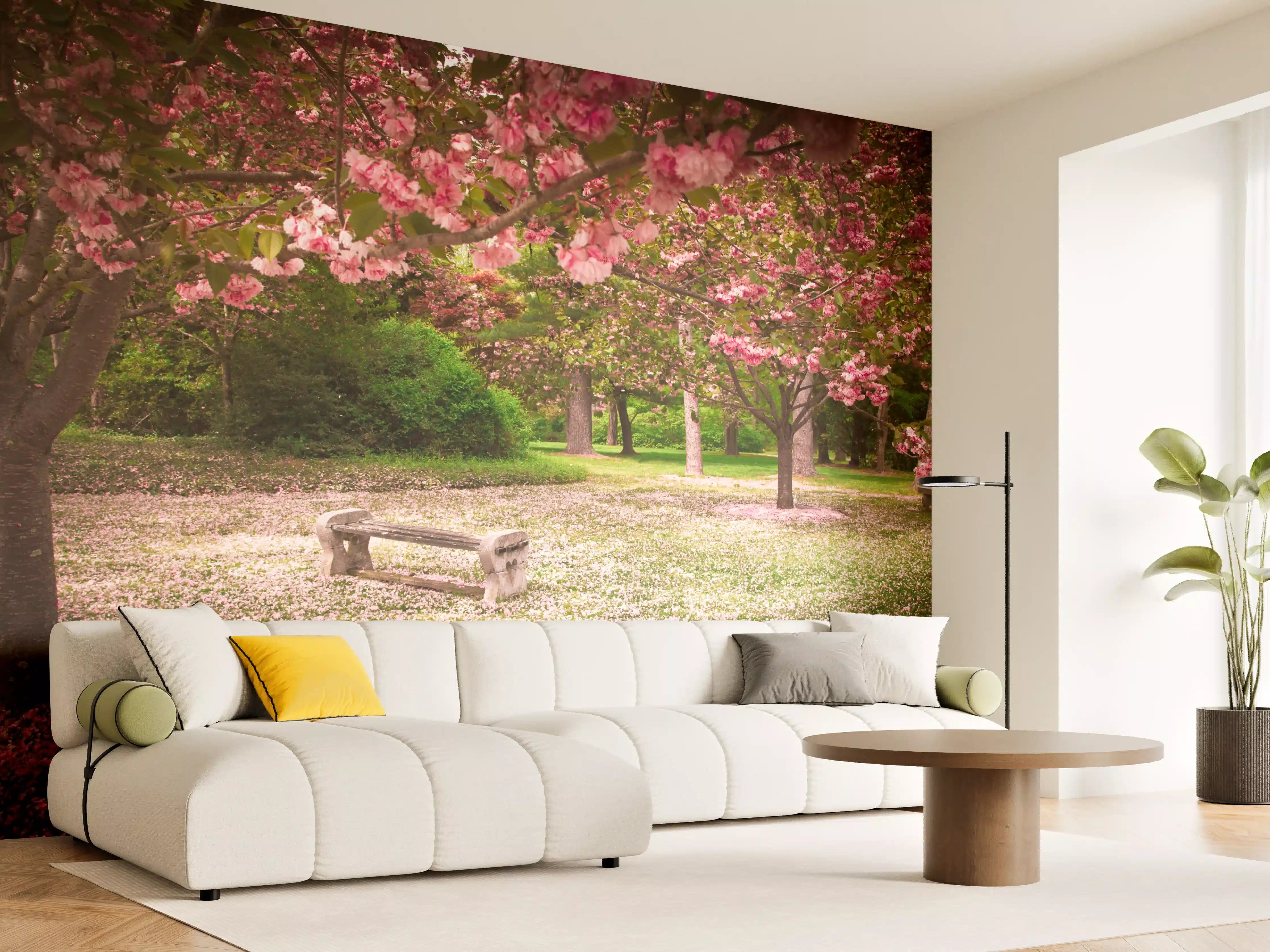 Wandverkleidung Wohnzimmer - Blühender Park im Frühling