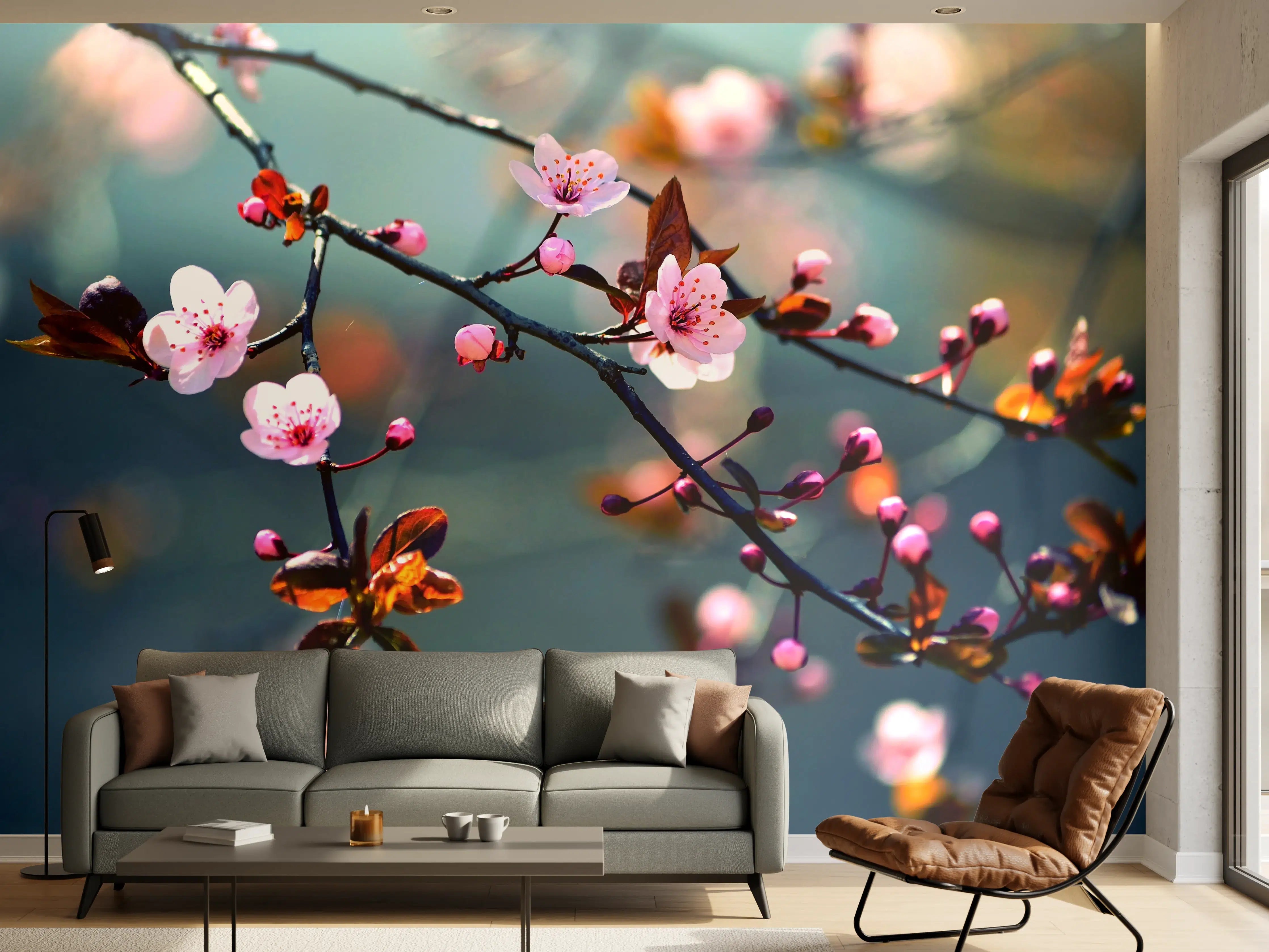 Wandverkleidung Wohnzimmer - Blühender Zweig mit pinken Blumen