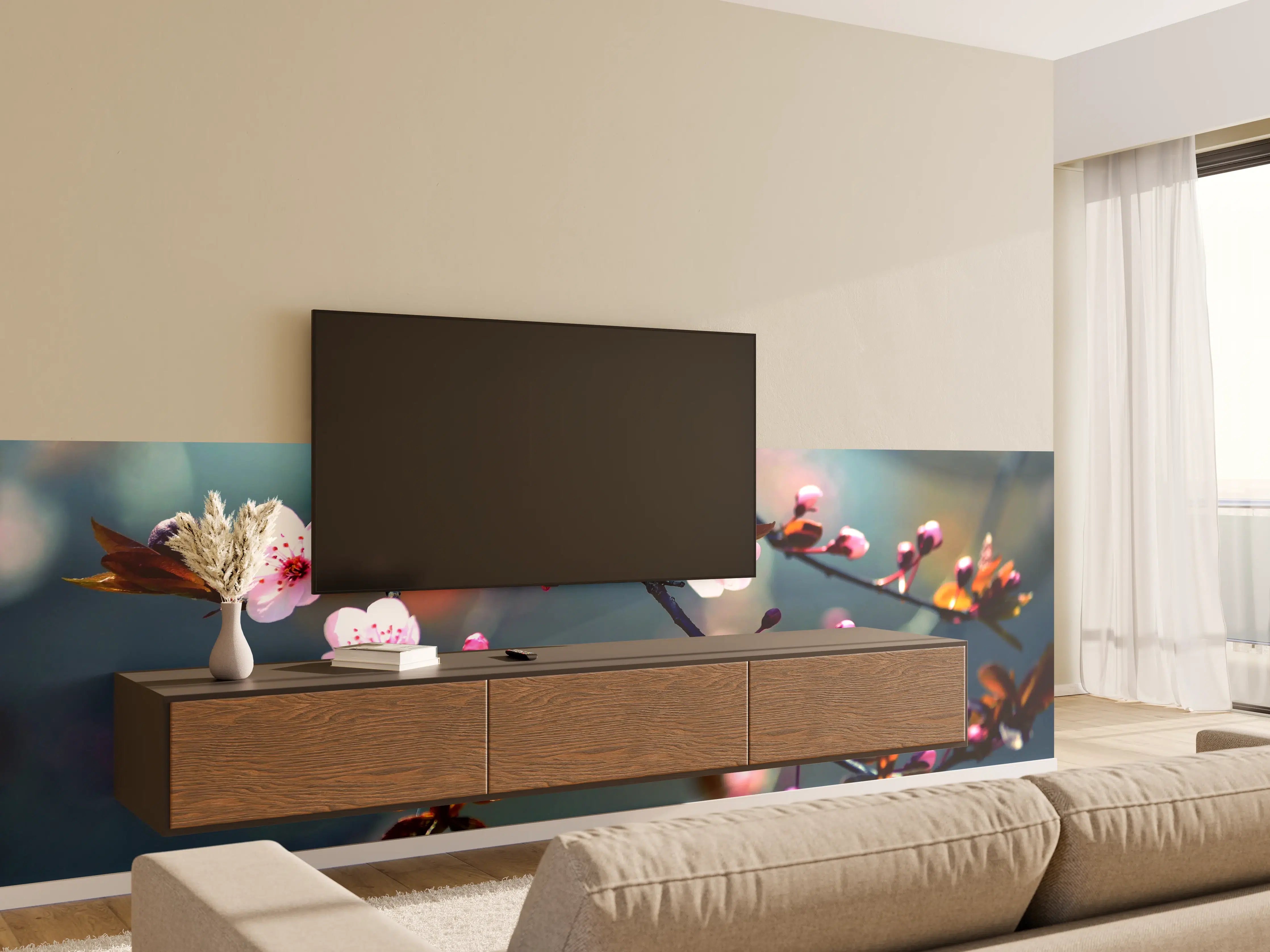 Wandverkleidung Wohnzimmer - Blühender Zweig mit pinken Blumen