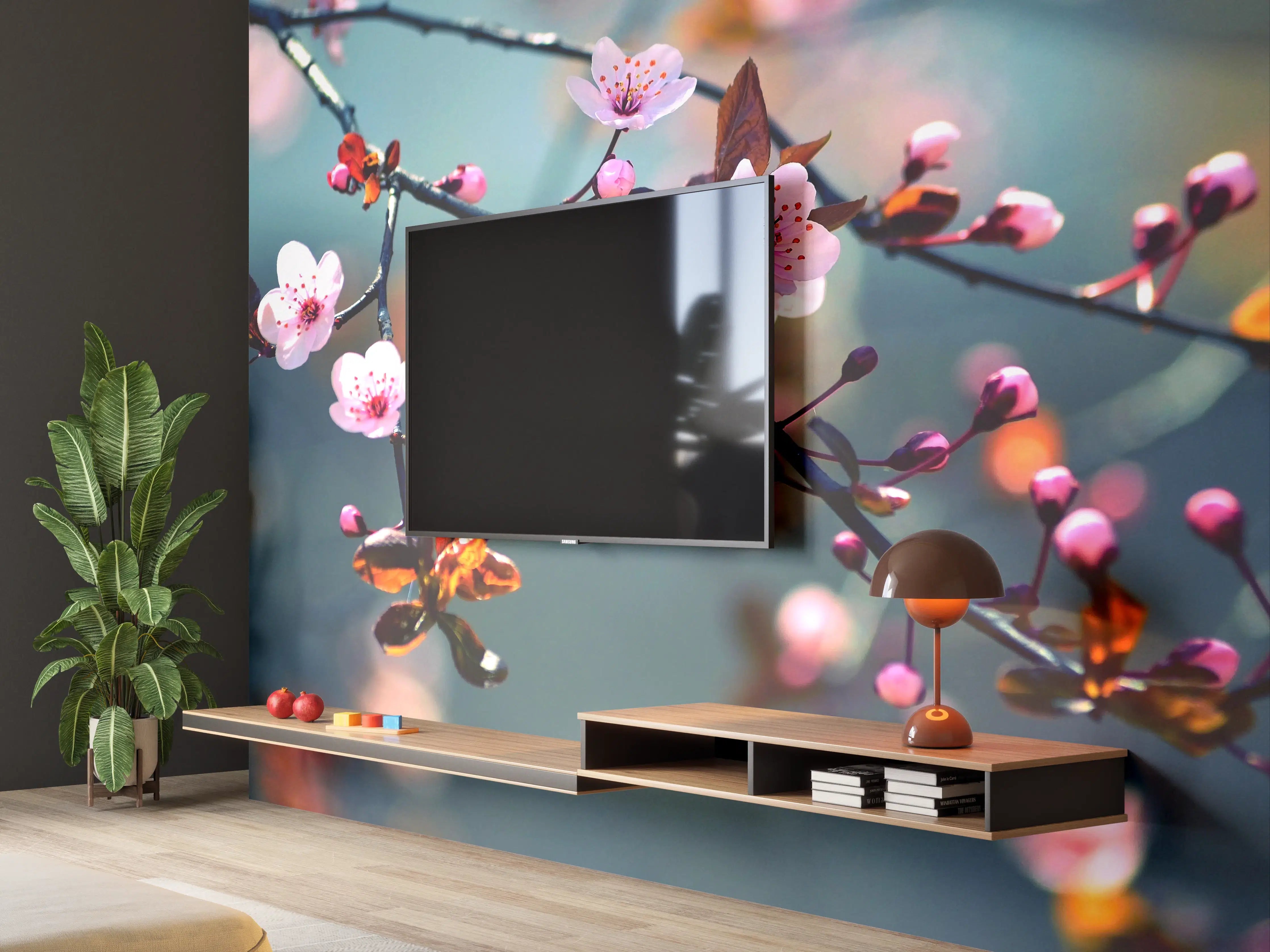 Wandverkleidung Wohnzimmer - Blühender Zweig mit pinken Blumen