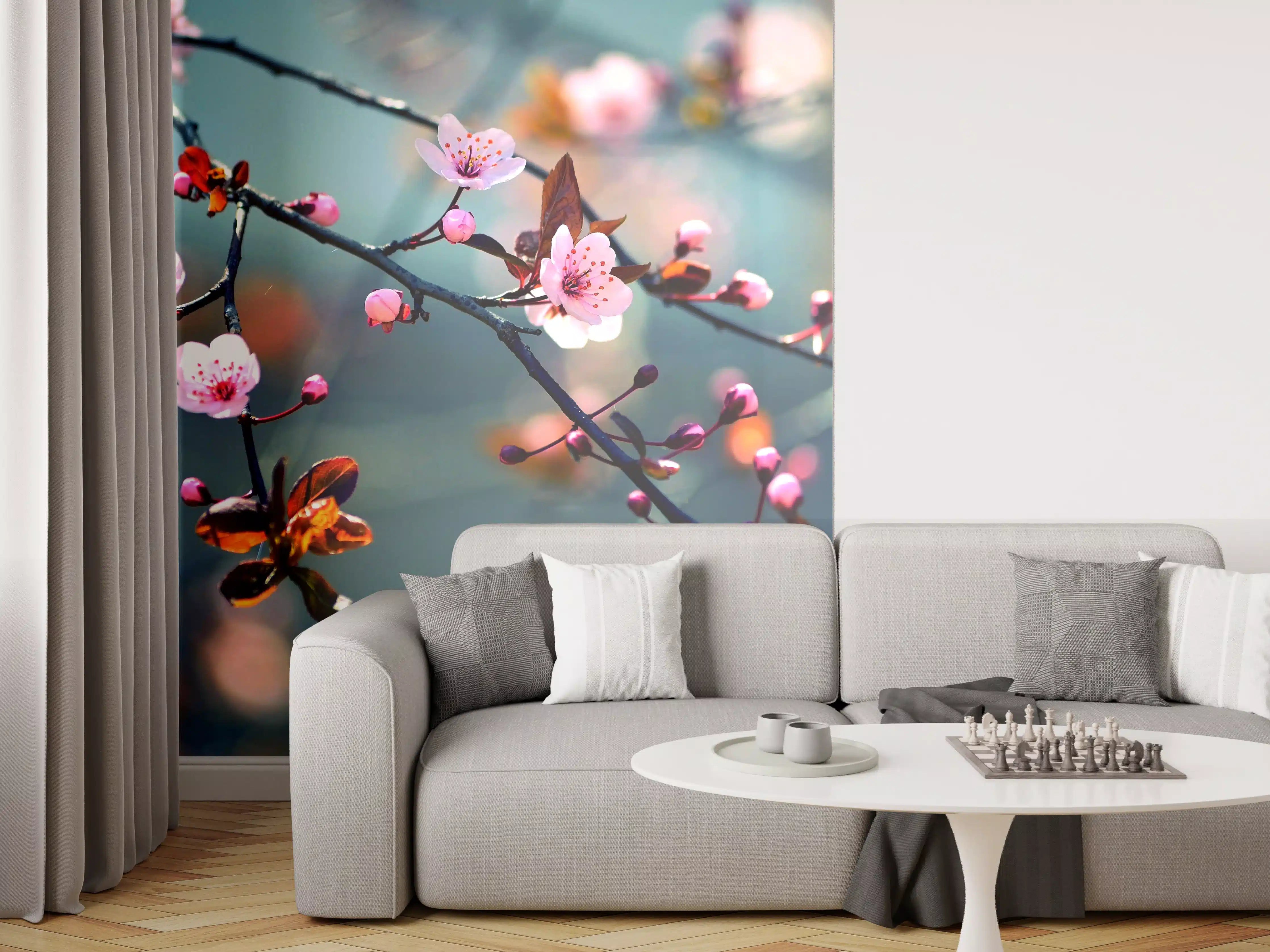 Wandverkleidung Wohnzimmer - Blühender Zweig mit pinken Blumen