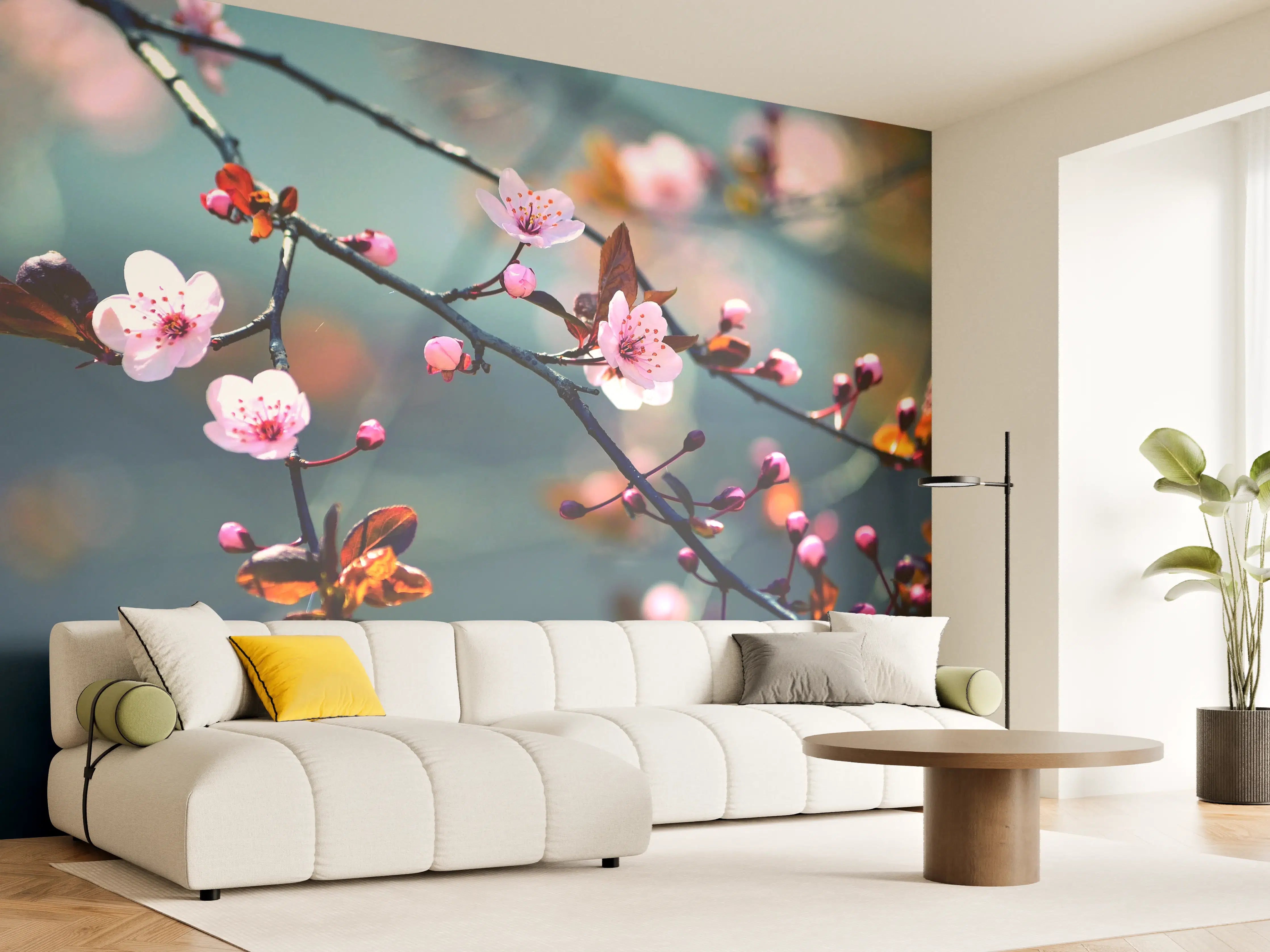 Wandverkleidung Wohnzimmer - Blühender Zweig mit pinken Blumen