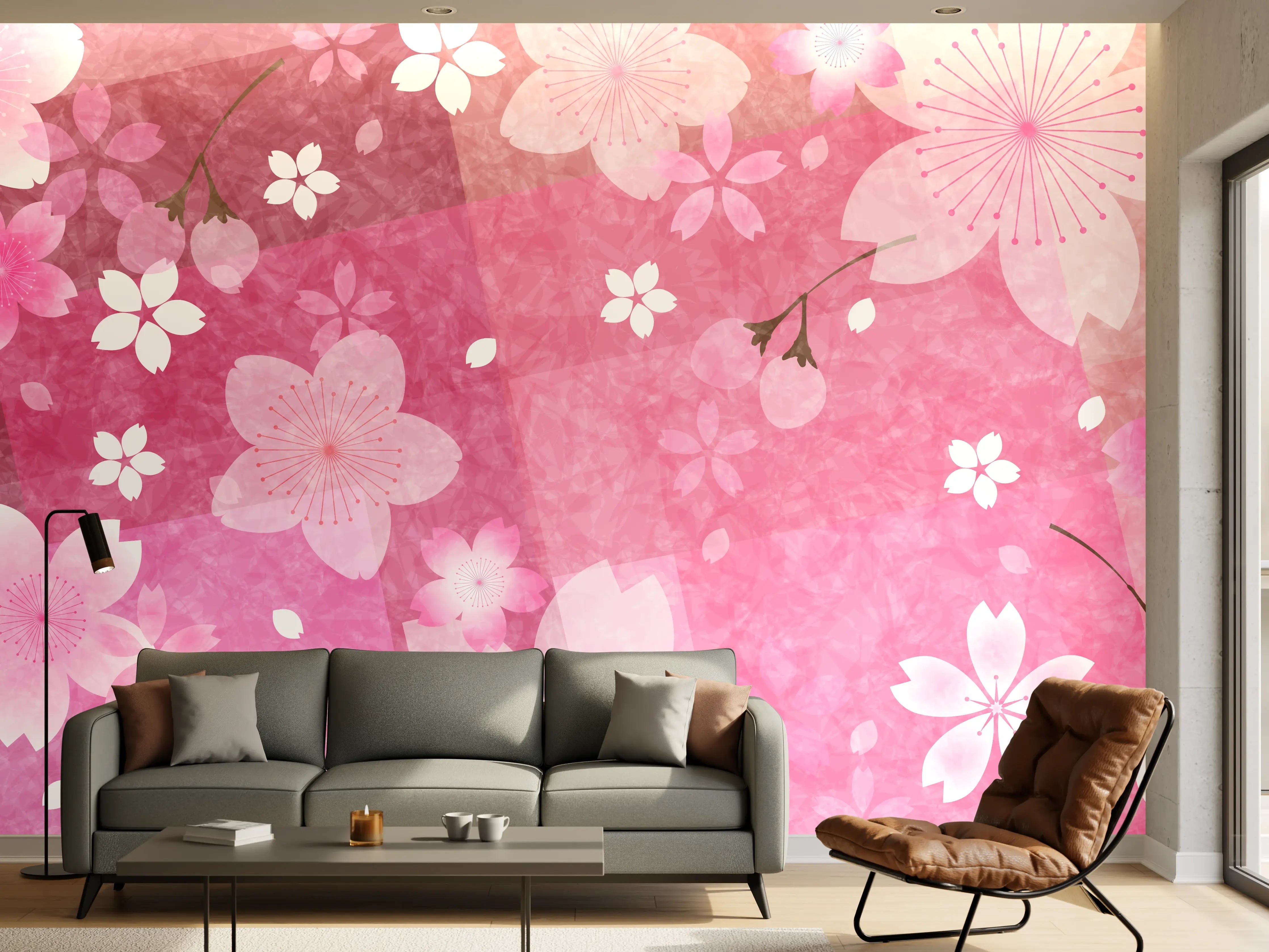Wandverkleidung Wohnzimmer - Blühendes Sakura-Muster Rosa