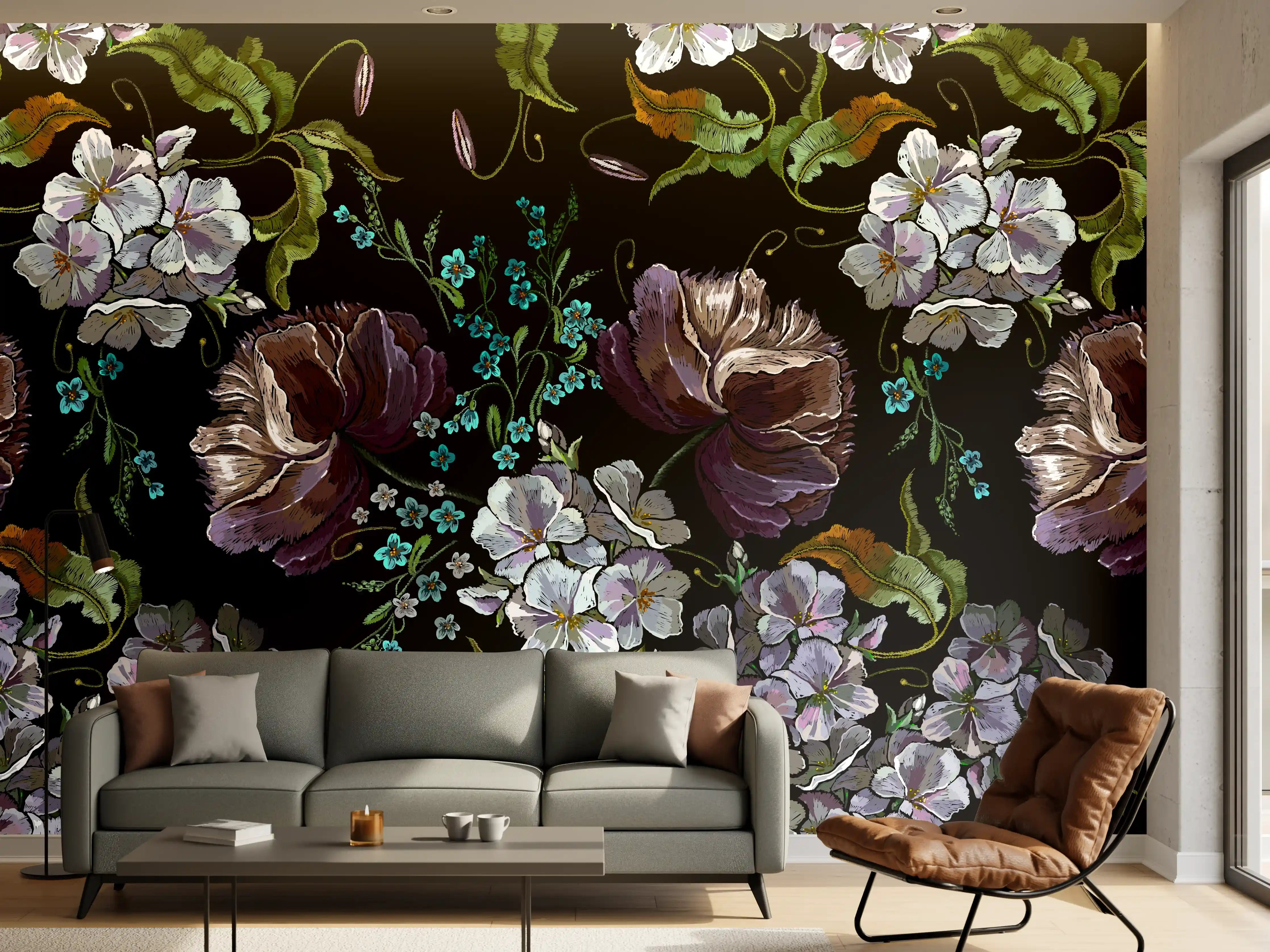 Wandverkleidung Wohnzimmer - Blüten in der Nacht