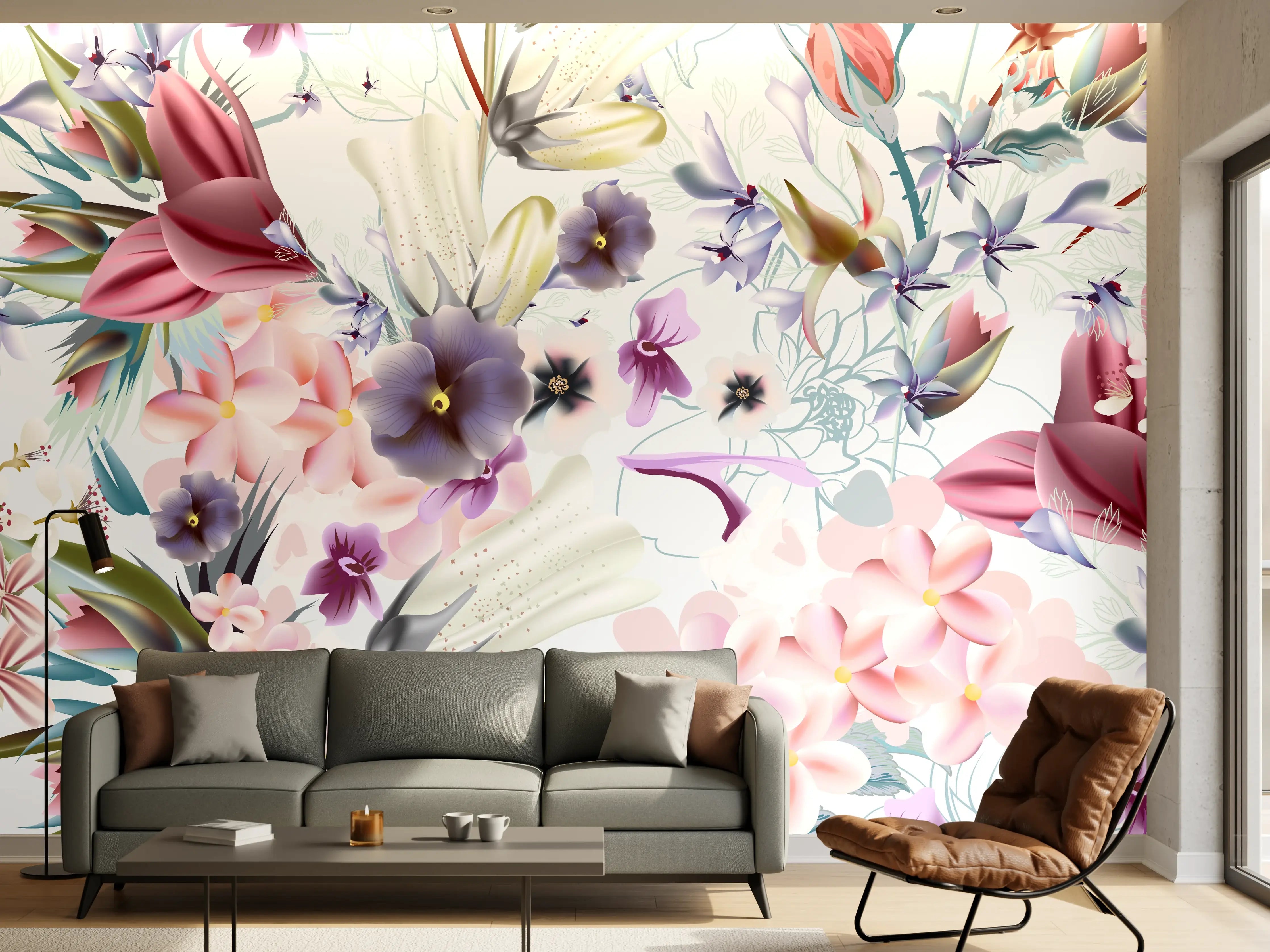 Wandverkleidung Wohnzimmer - Blütenexplosion - Aquarell