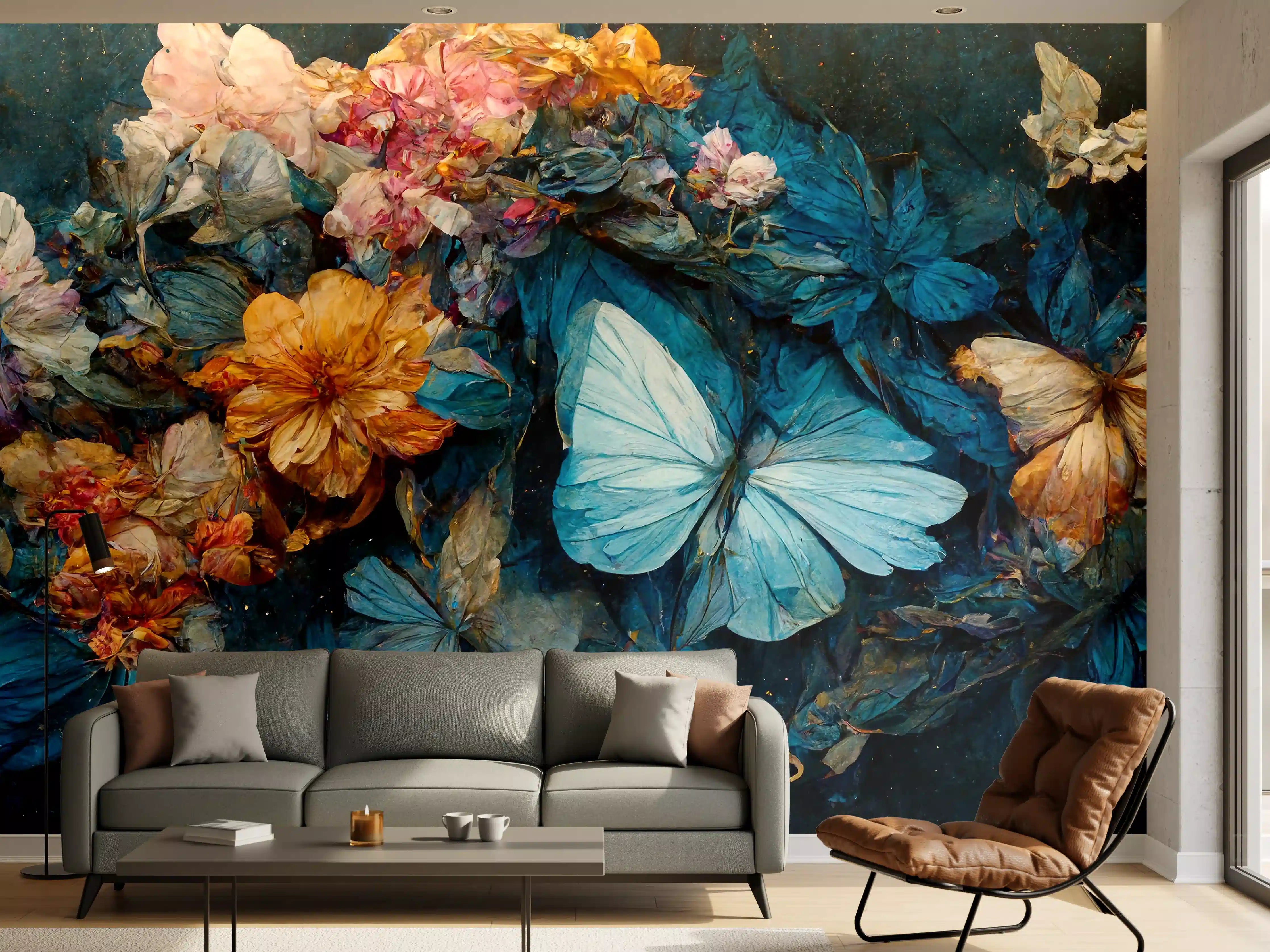 Wandverkleidung Wohnzimmer - Blumen- und Schmetterlingskunst im Dunkel