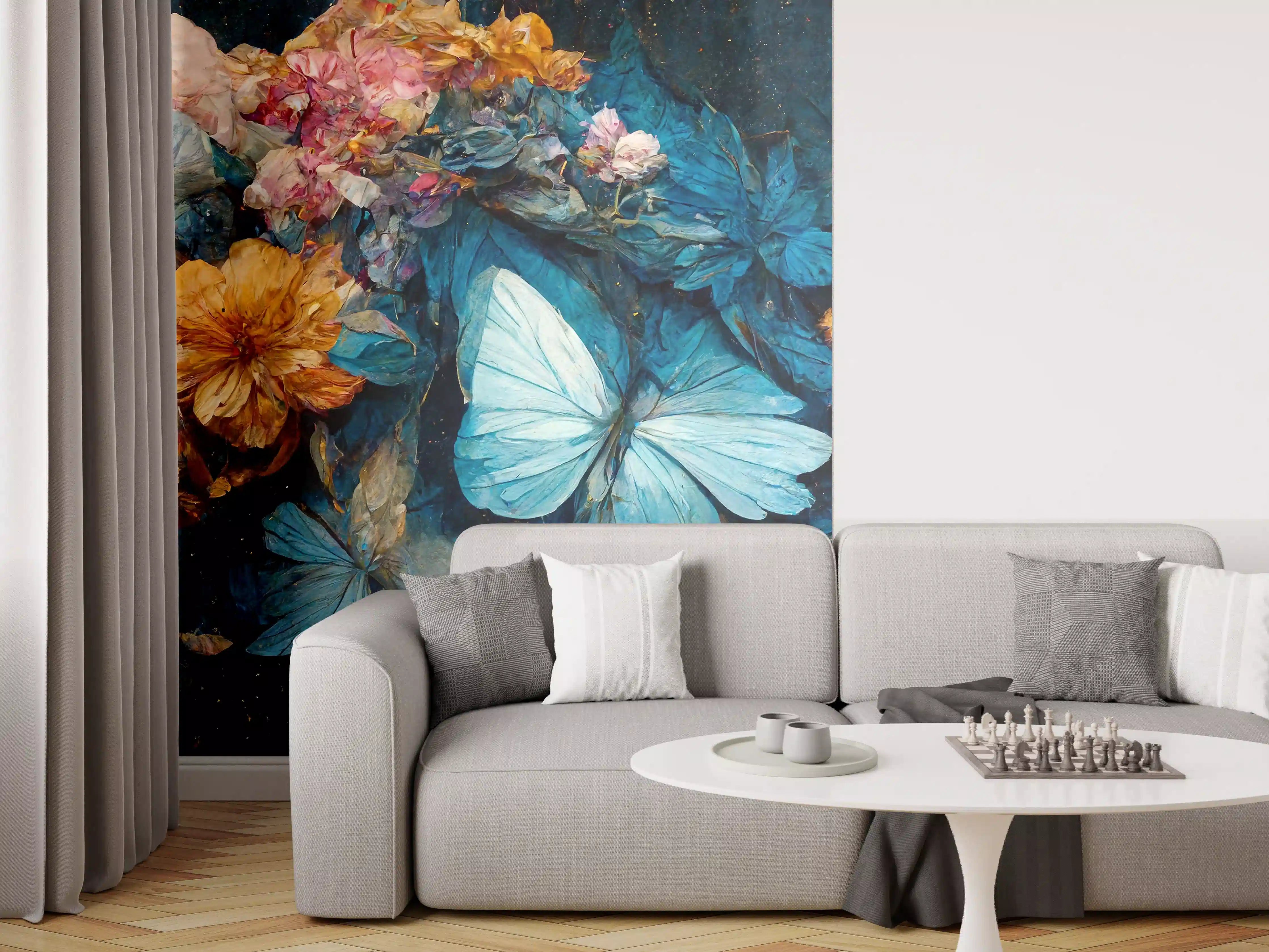 Wandverkleidung Wohnzimmer - Blumen- und Schmetterlingskunst im Dunkel