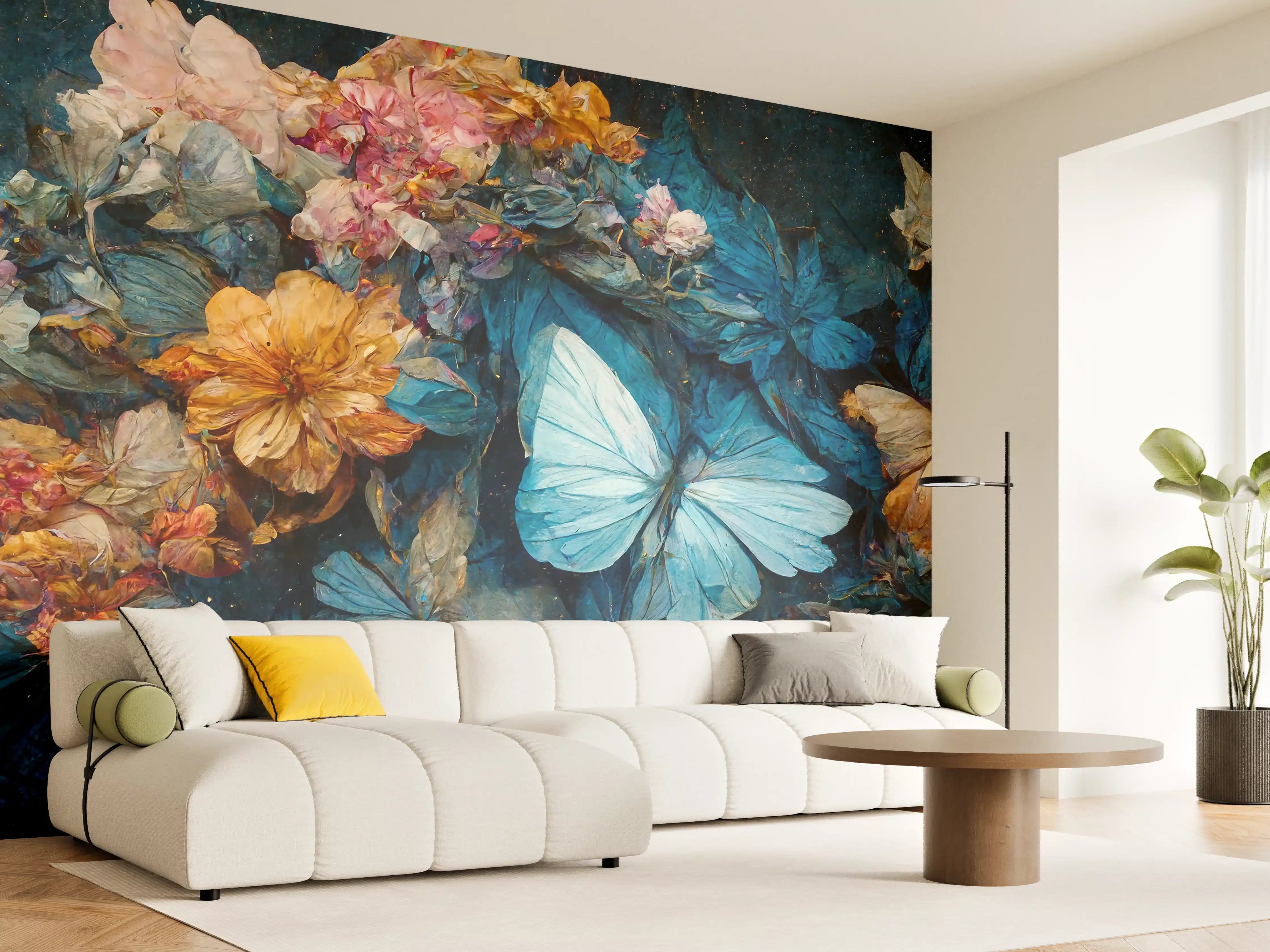 Wandverkleidung Wohnzimmer - Blumen- und Schmetterlingskunst im Dunkel