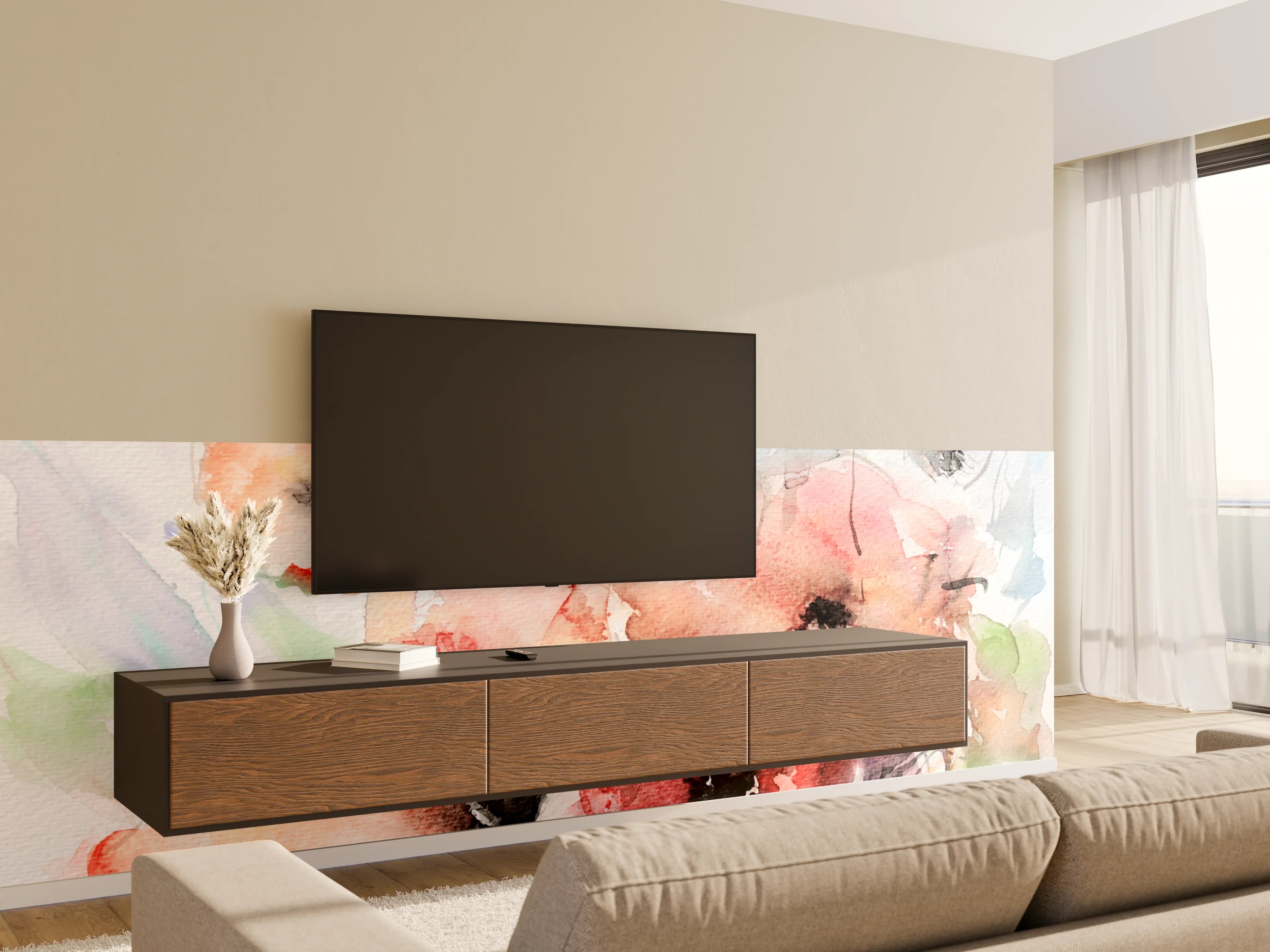 Wandverkleidung Wohnzimmer - Blumen Aquarell Wasserfarben
