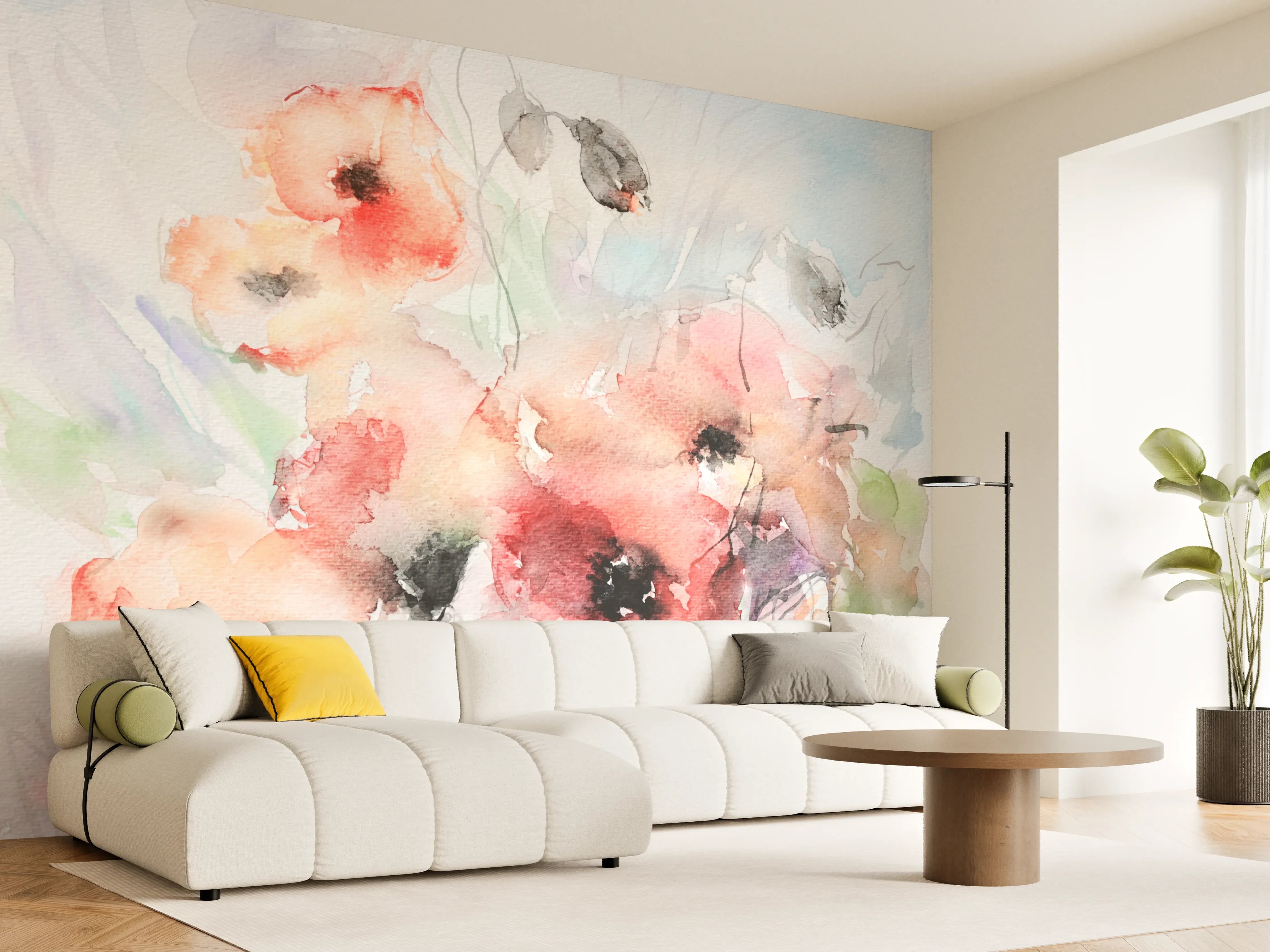 Wandverkleidung Wohnzimmer - Blumen Aquarell Wasserfarben