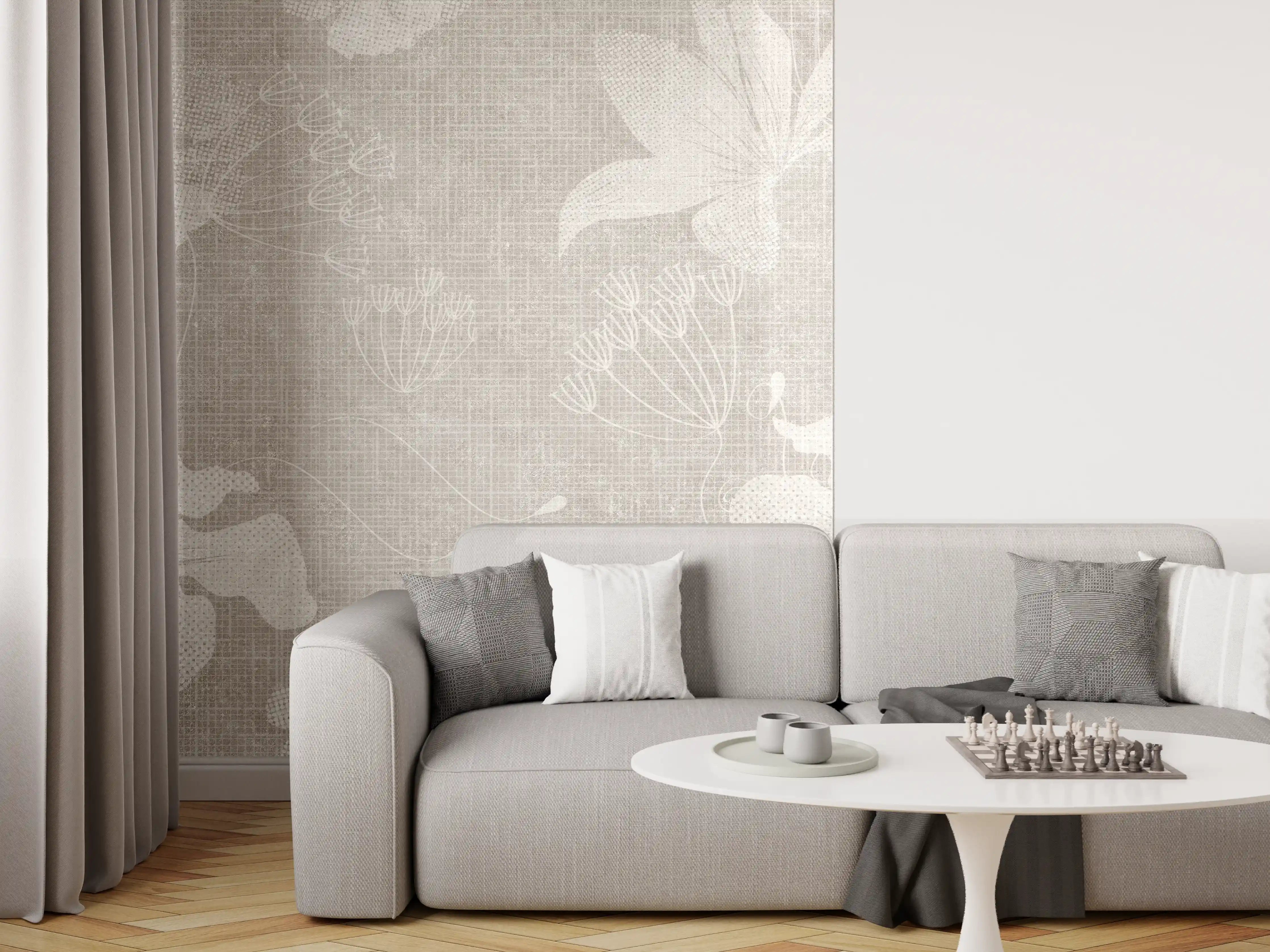 Wandverkleidung Wohnzimmer - Blumen auf weißem Wandhintergrund