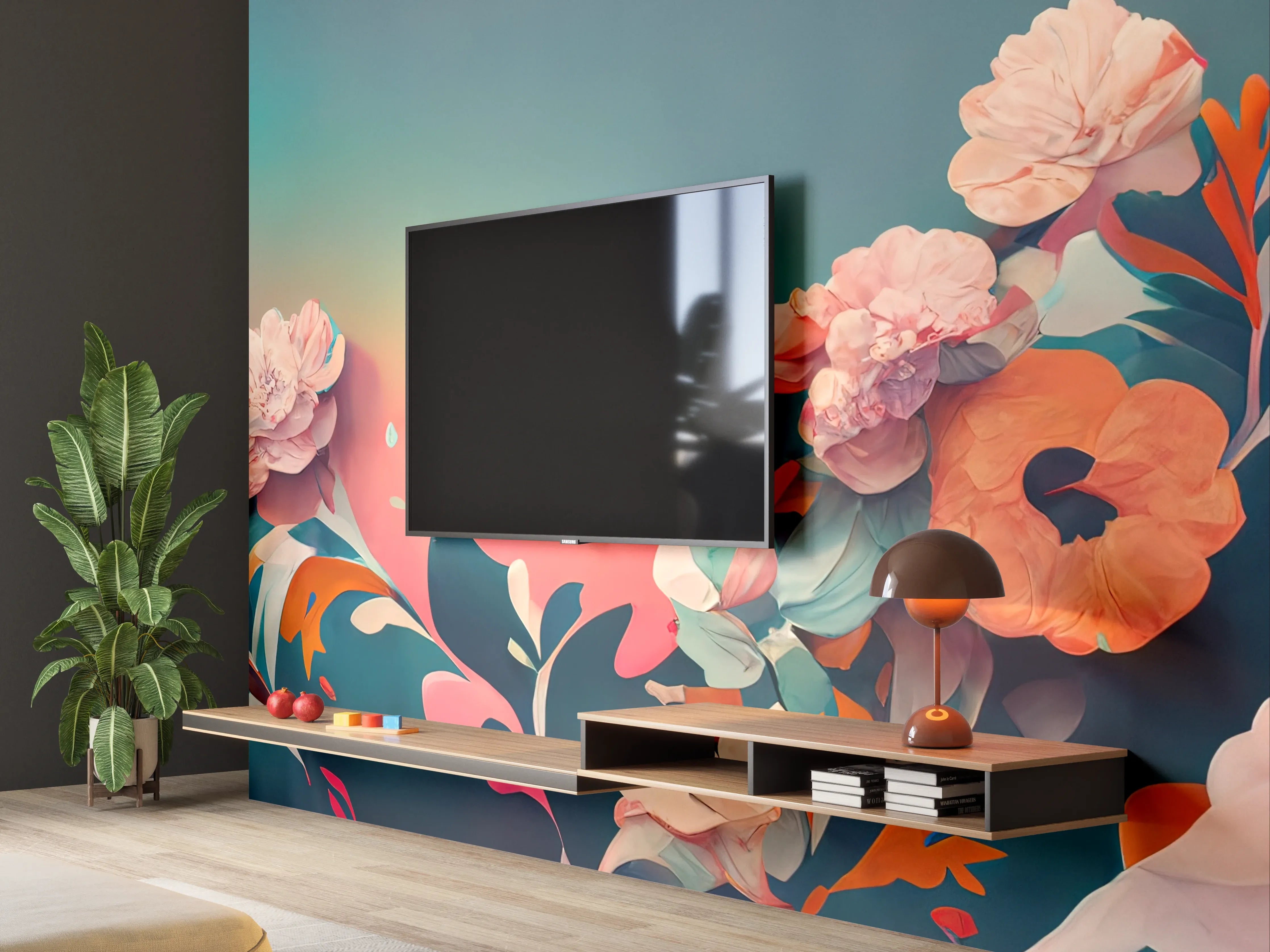 Wandverkleidung Wohnzimmer - Blumen im bunten Aquarell-Stil