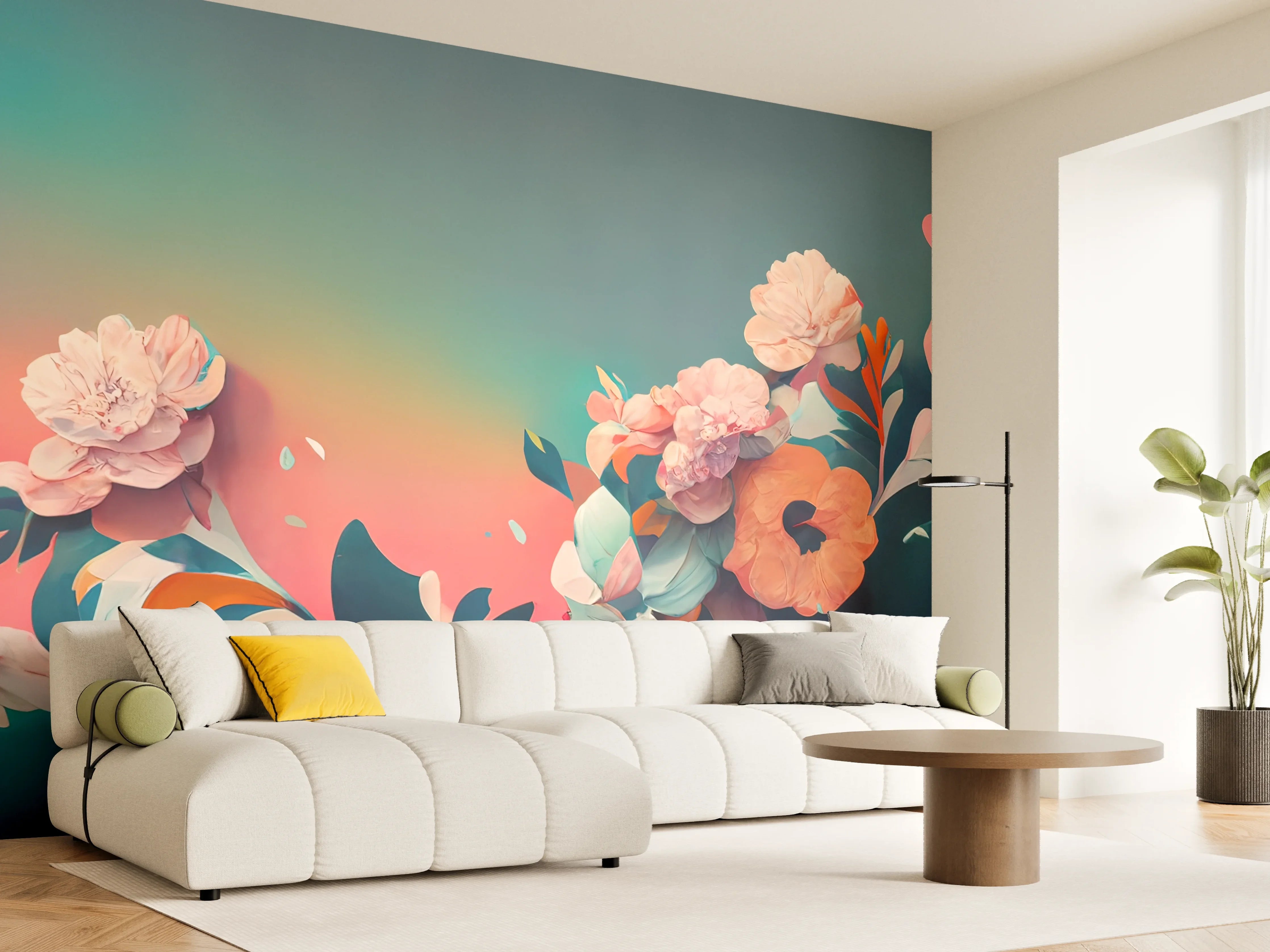 Wandverkleidung Wohnzimmer - Blumen im bunten Aquarell-Stil