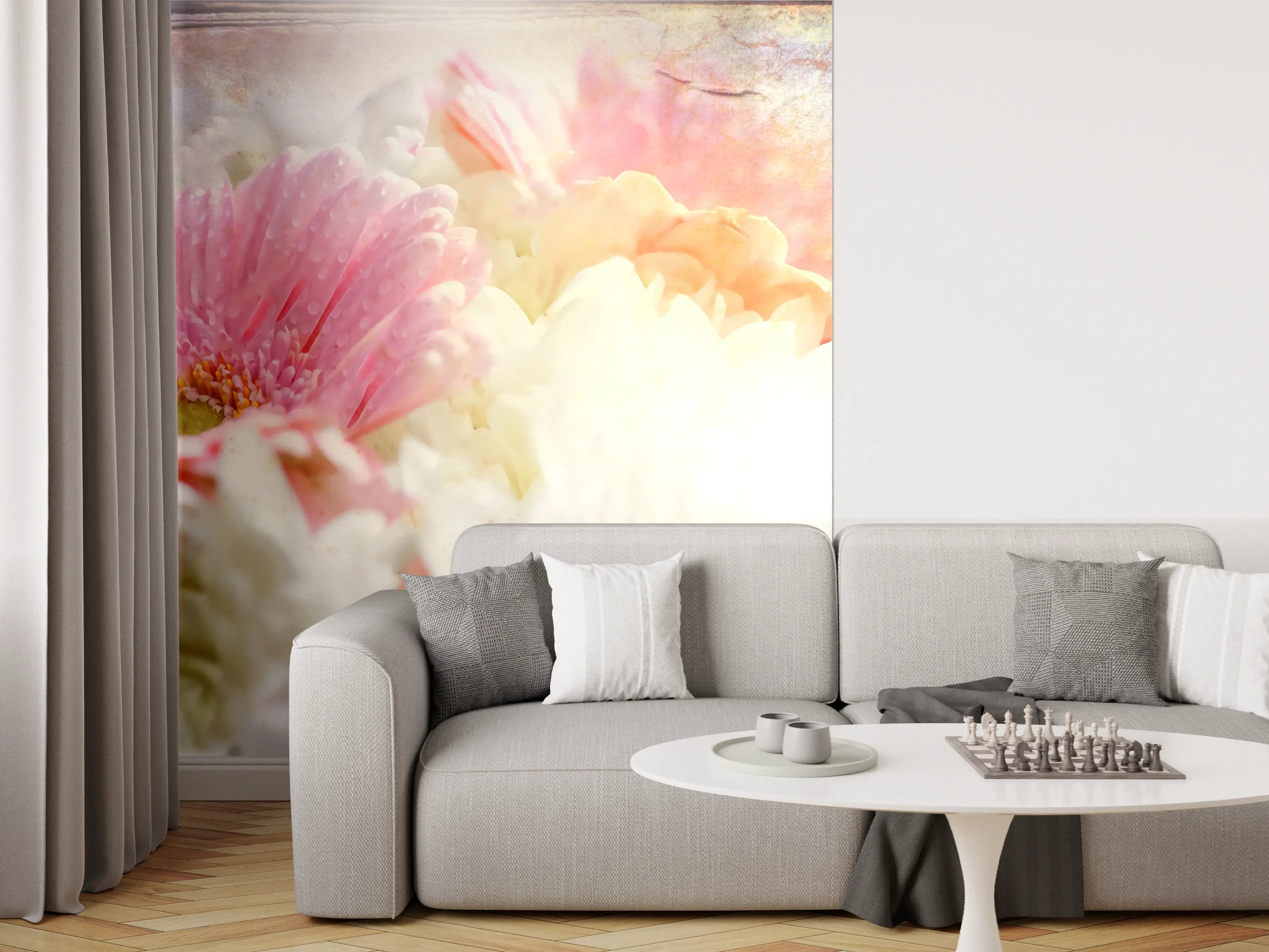 Wandverkleidung Wohnzimmer - Blumen in sanften Pastellfarben
