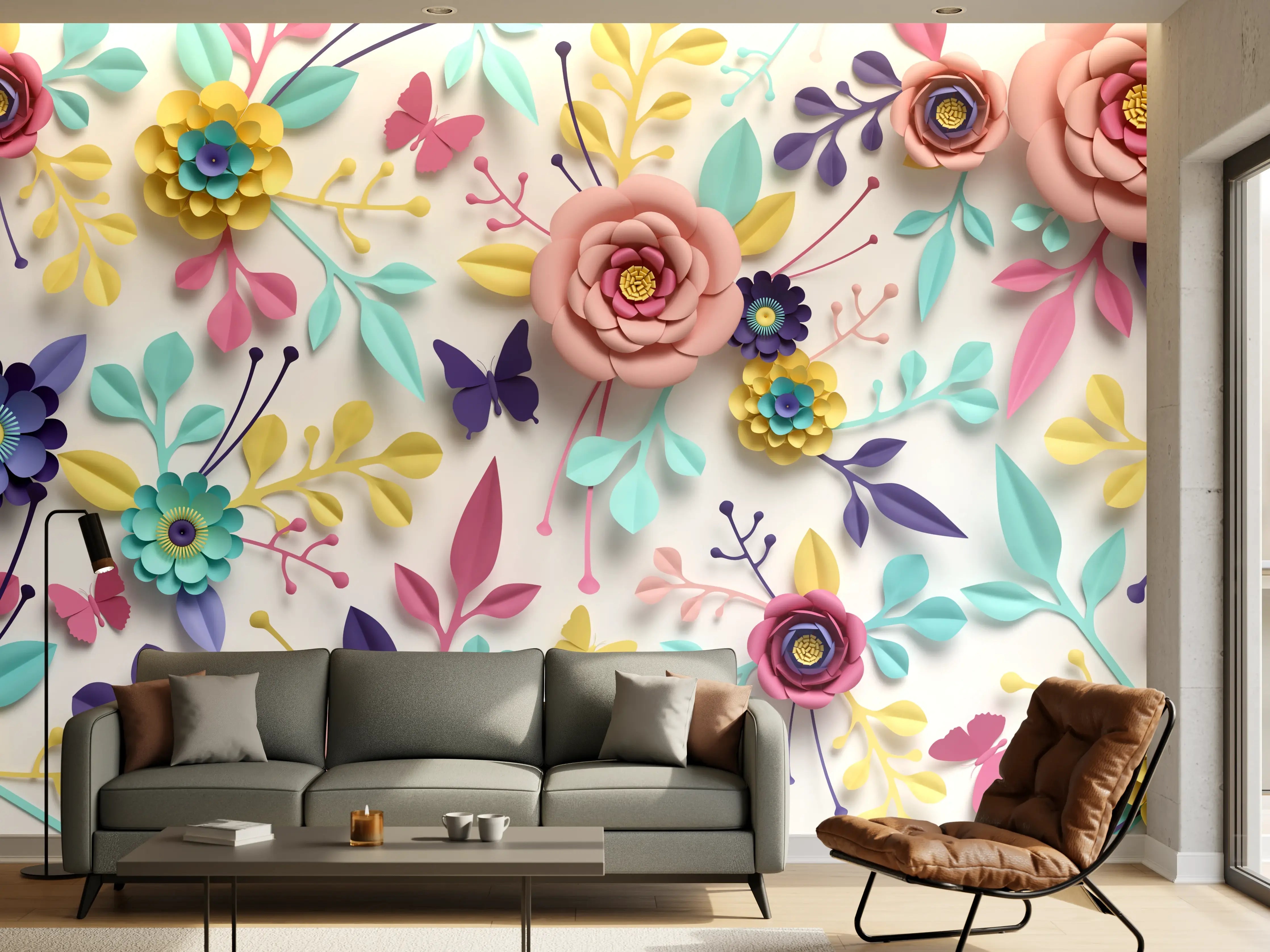 Wandverkleidung Wohnzimmer - Blumen und Schmetterlinge im Frühlingsdesign