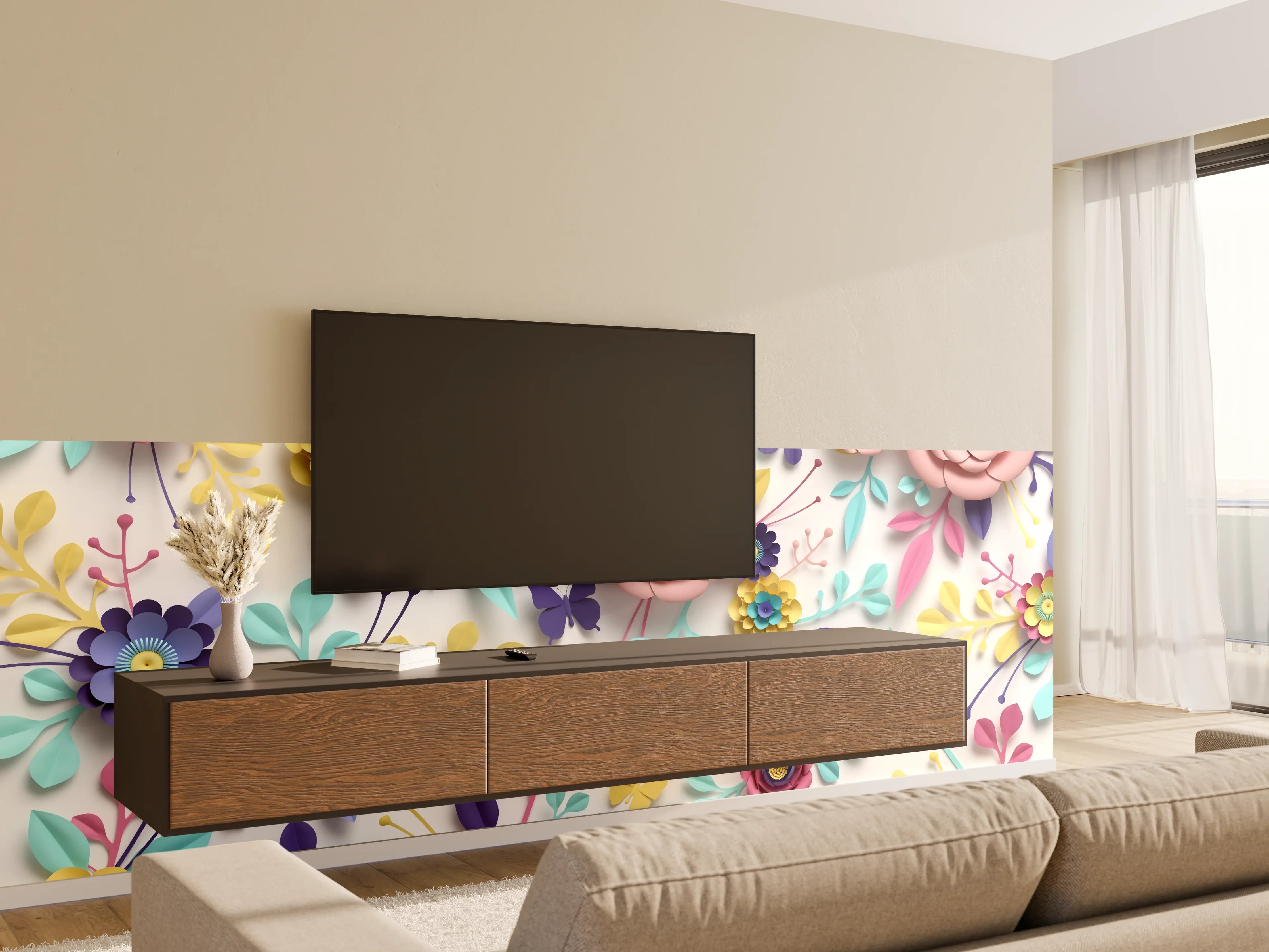 Wandverkleidung Wohnzimmer - Blumen und Schmetterlinge im Frühlingsdesign