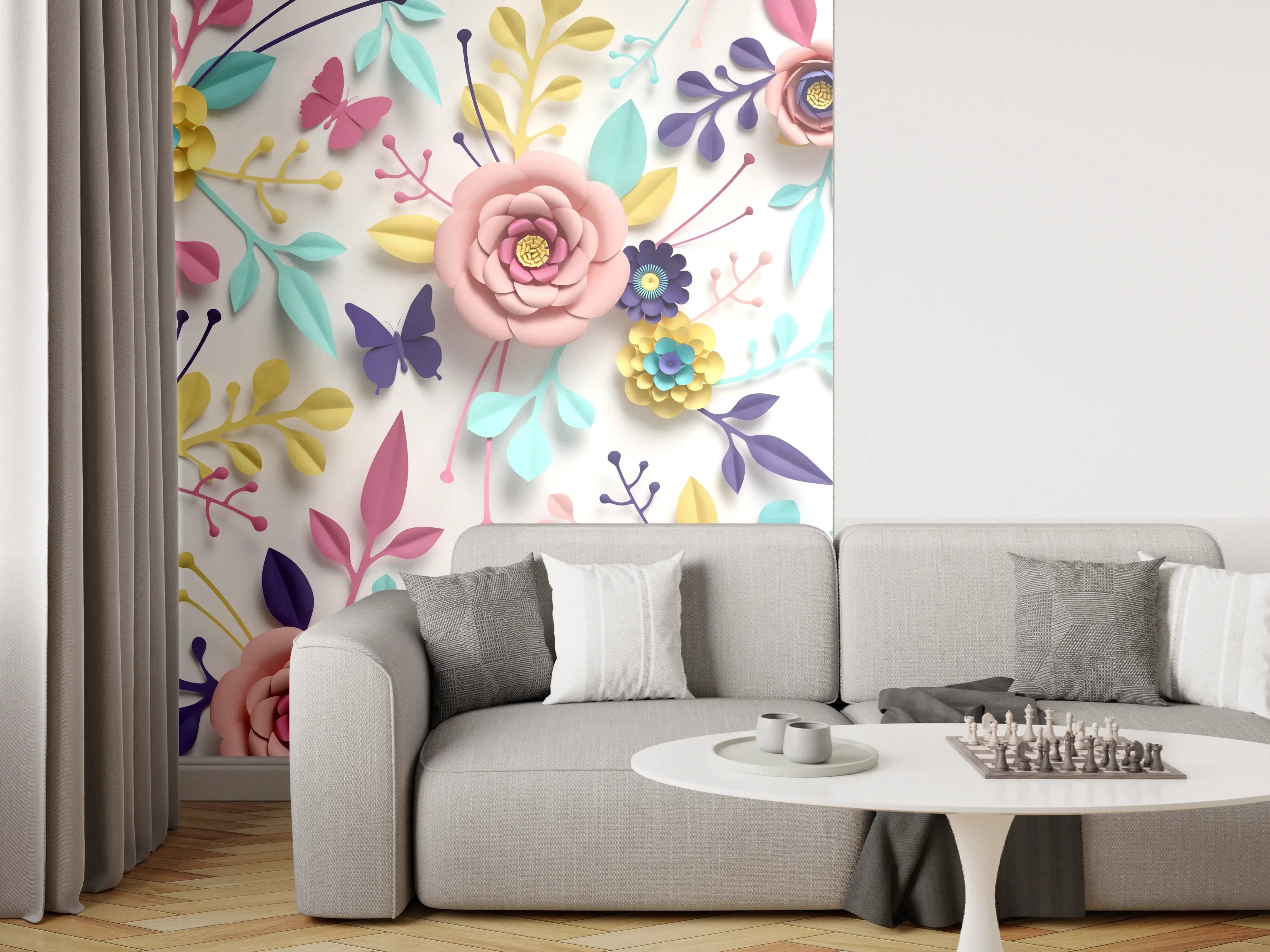 Wandverkleidung Wohnzimmer - Blumen und Schmetterlinge im Frühlingsdesign