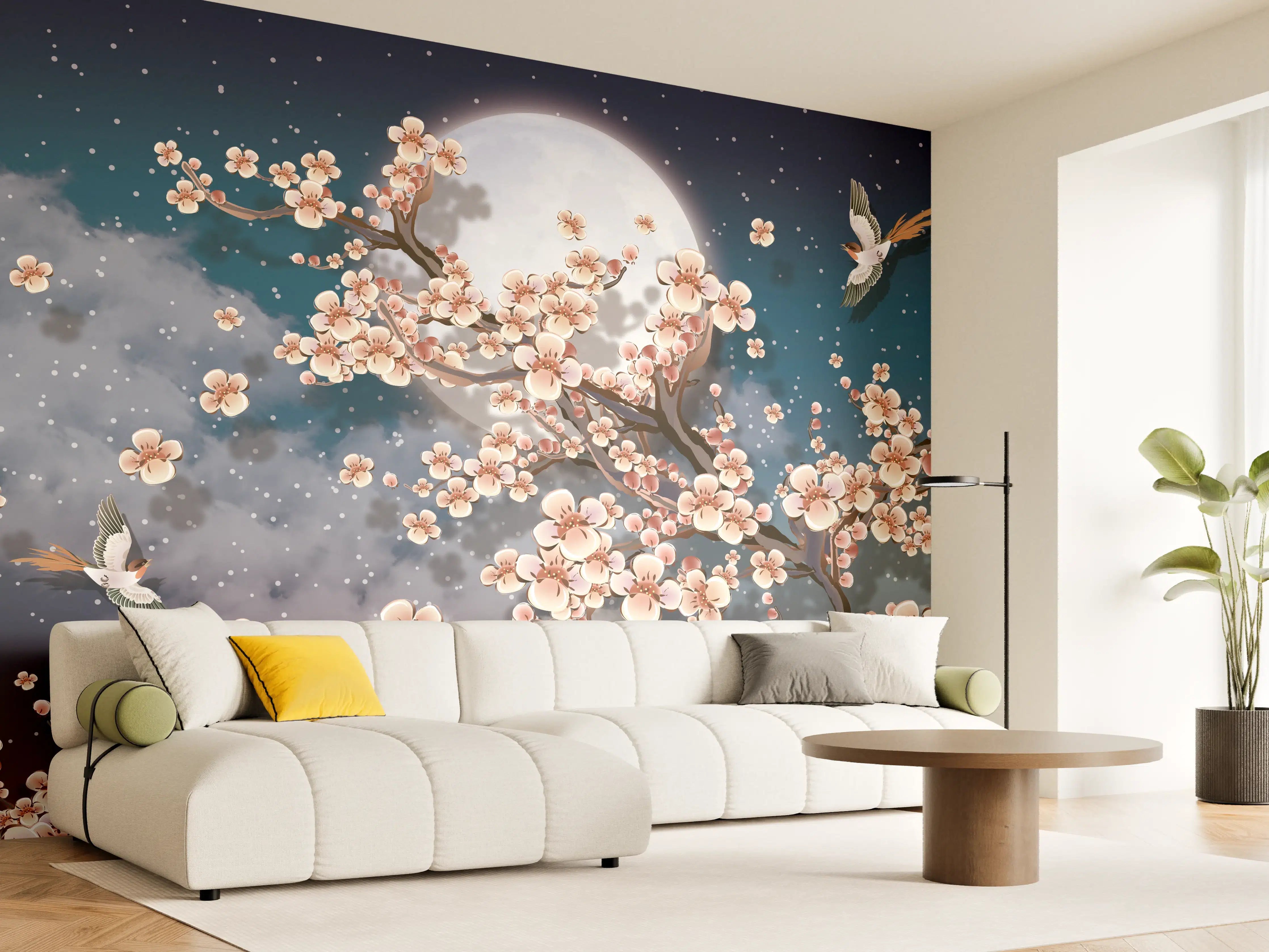 Wandverkleidung Wohnzimmer - Blumen und Vögel - Floral