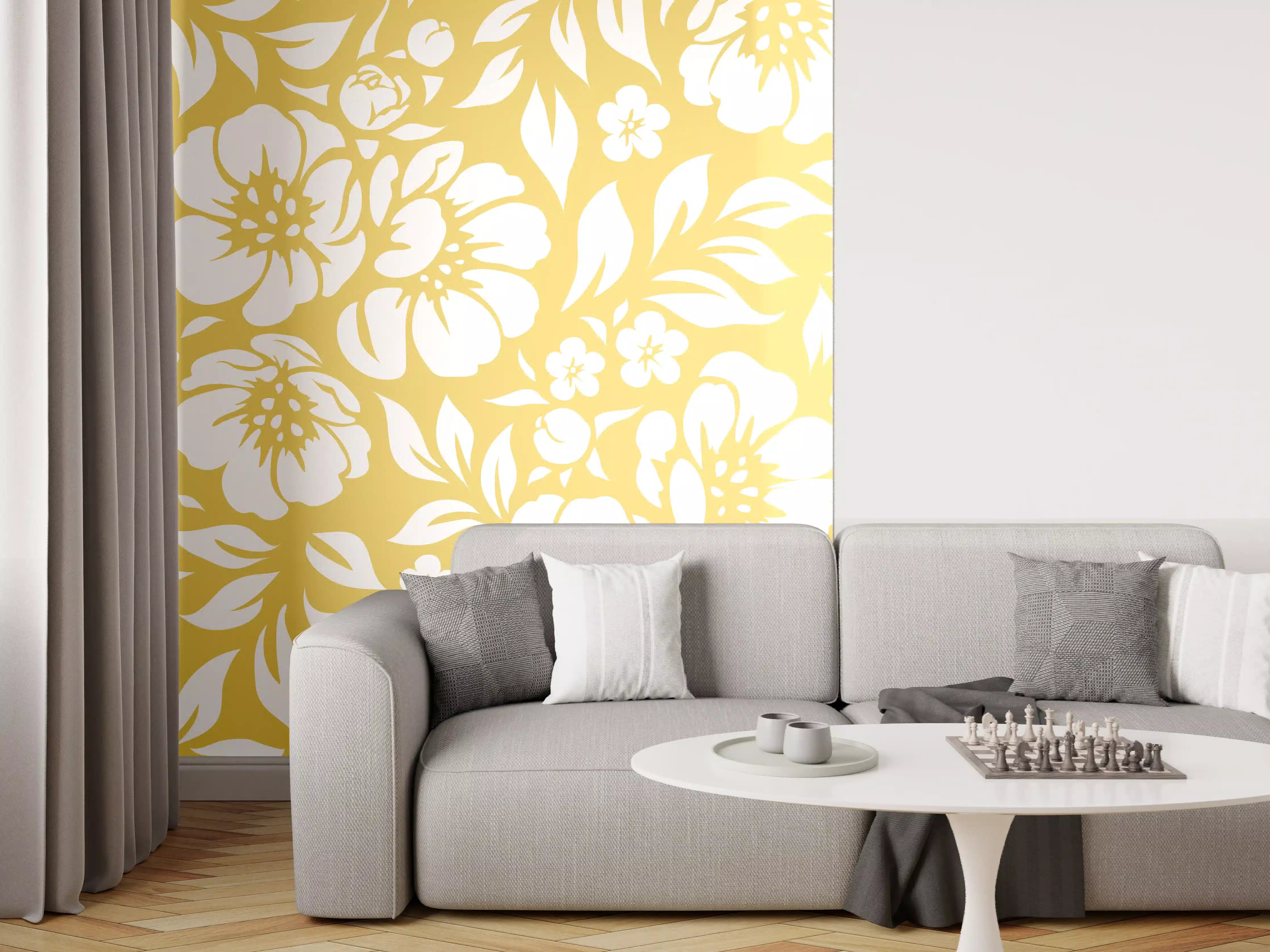 Wandverkleidung Wohnzimmer - Blumendesign in Gold und Weiß