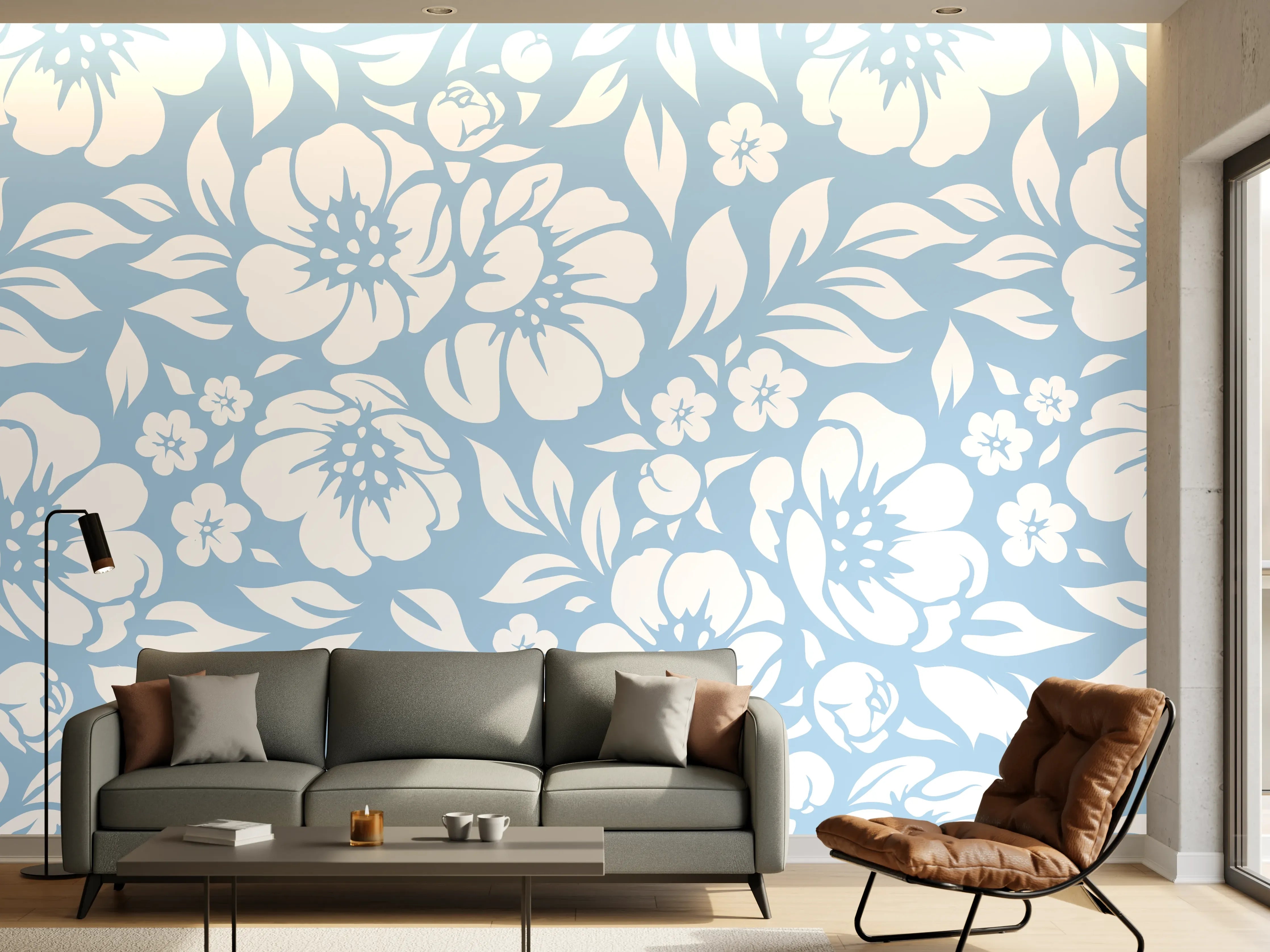 Wandverkleidung Wohnzimmer - Blumendesign mit eleganten weißen Blüten auf hellblauem Hintergrund