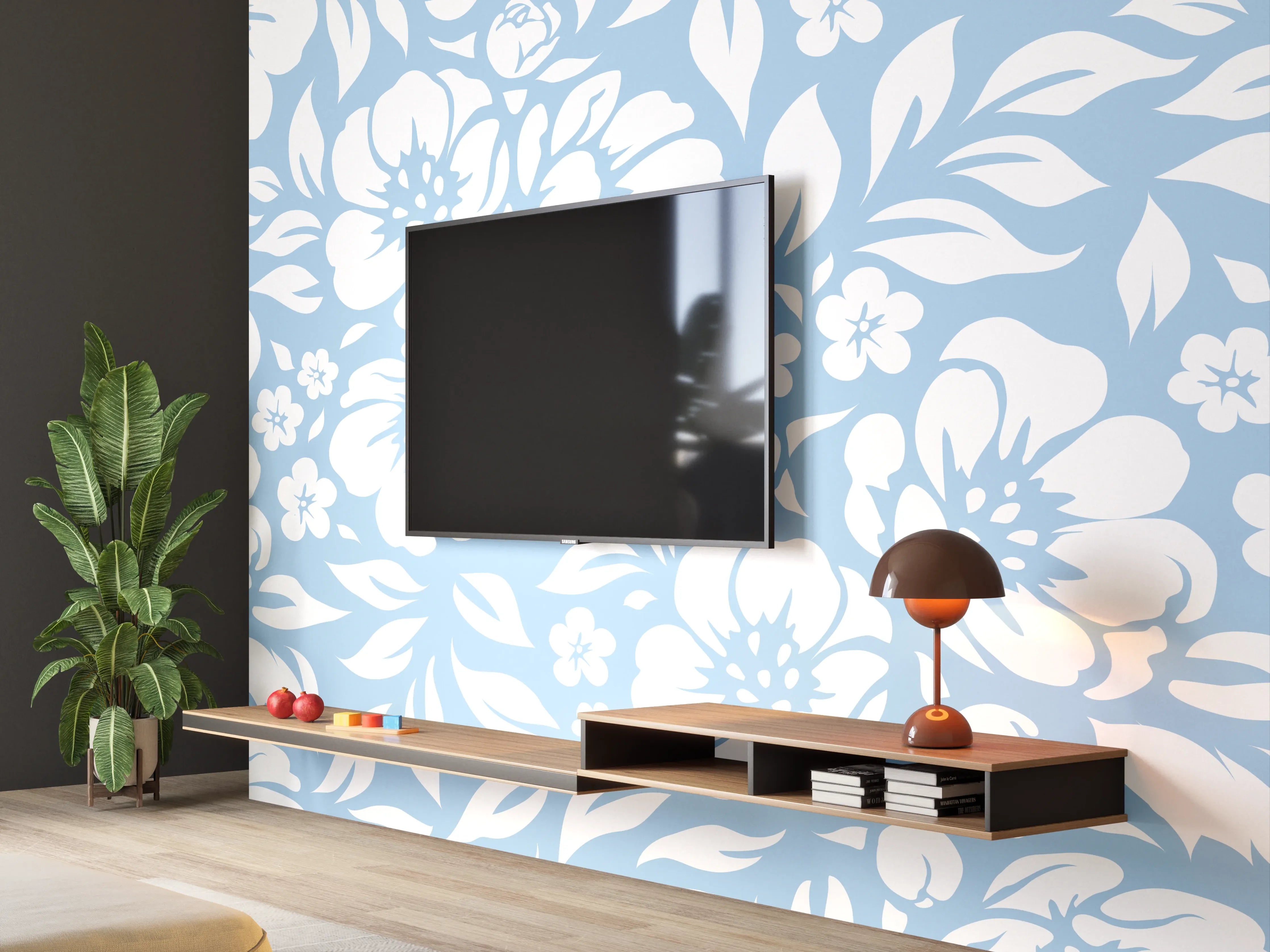 Wandverkleidung Wohnzimmer - Blumendesign mit eleganten weißen Blüten auf hellblauem Hintergrund