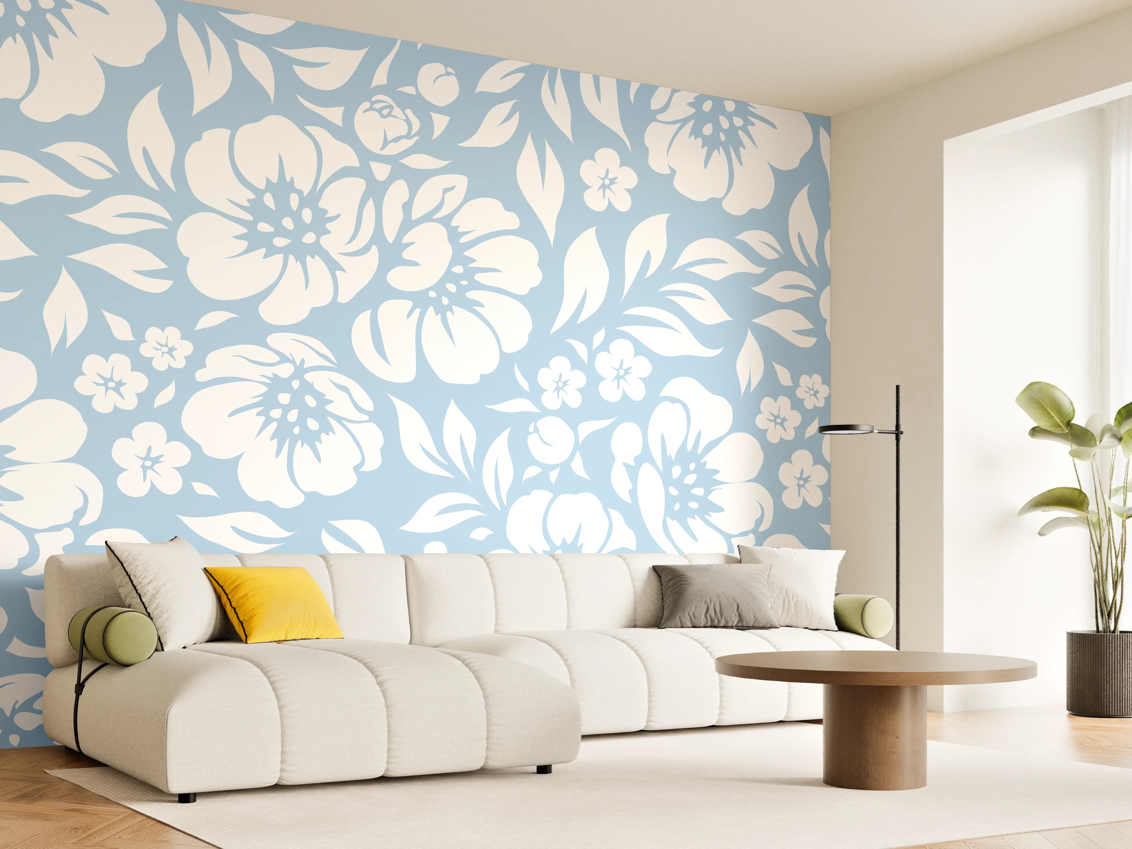 Wandverkleidung Wohnzimmer - Blumendesign mit eleganten weißen Blüten auf hellblauem Hintergrund