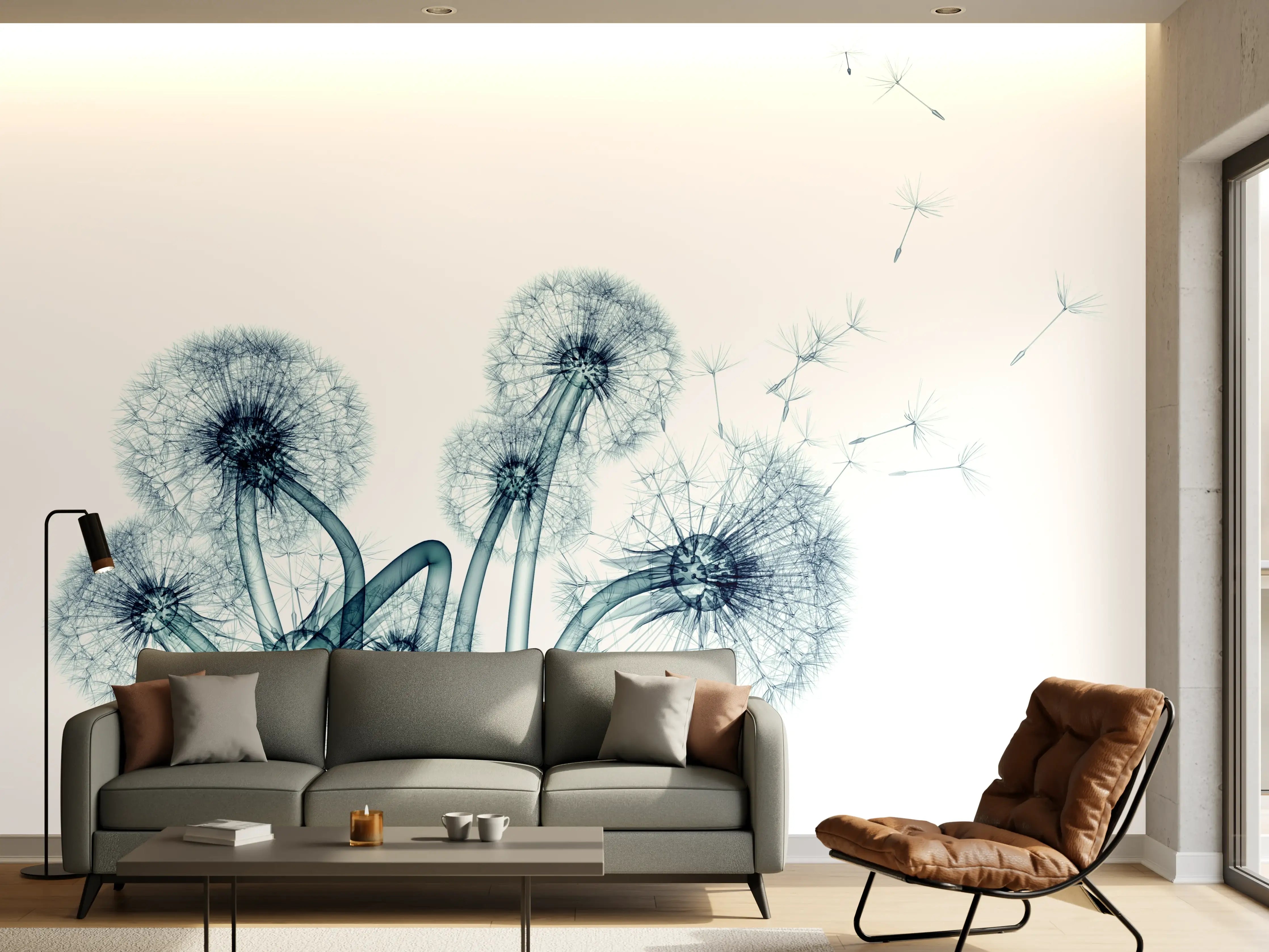 Wandverkleidung Wohnzimmer - Blumendistel in Grautönen