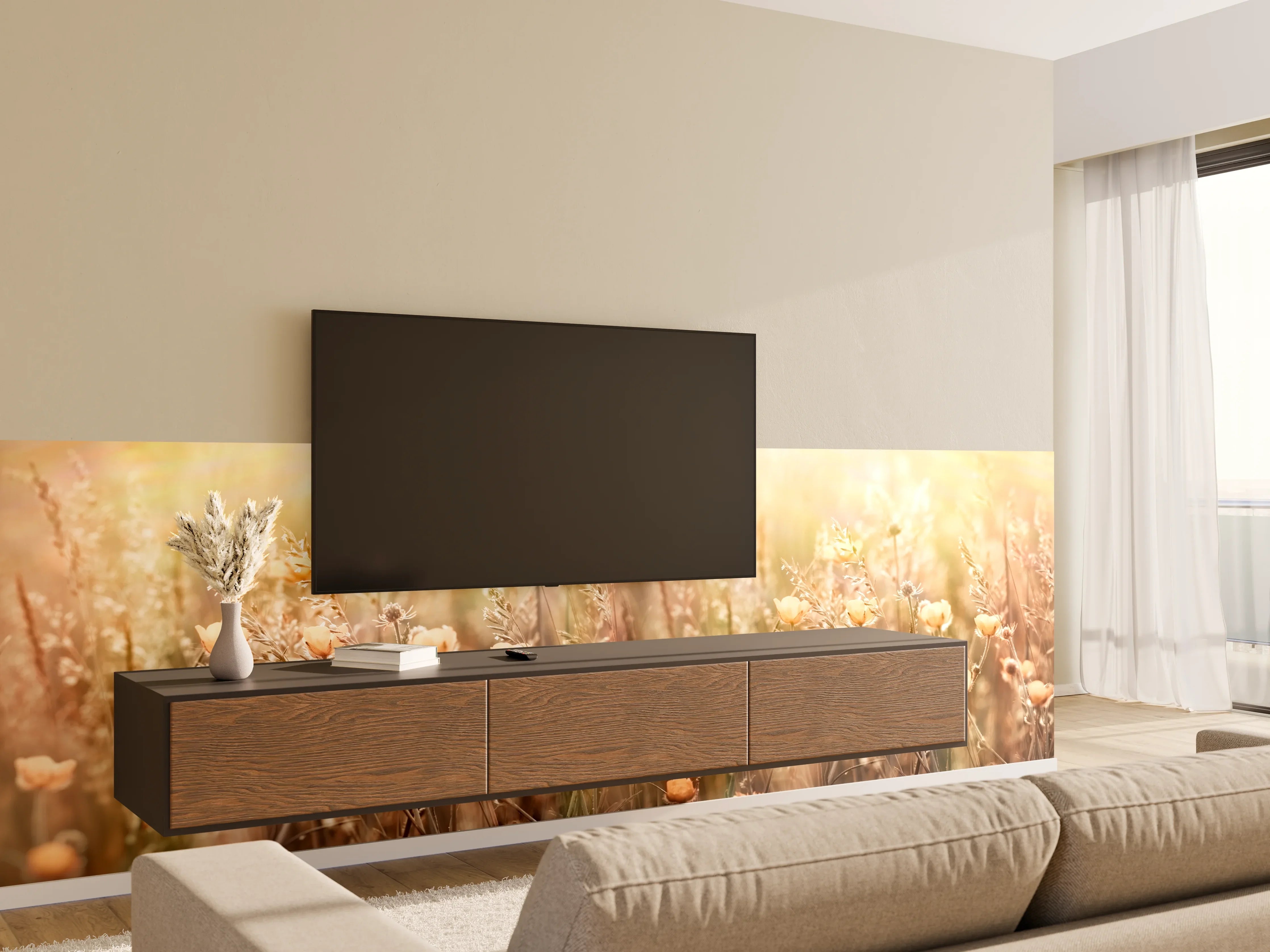 Wandverkleidung Wohnzimmer - Blumenfeld mit Sonnenstrahlen