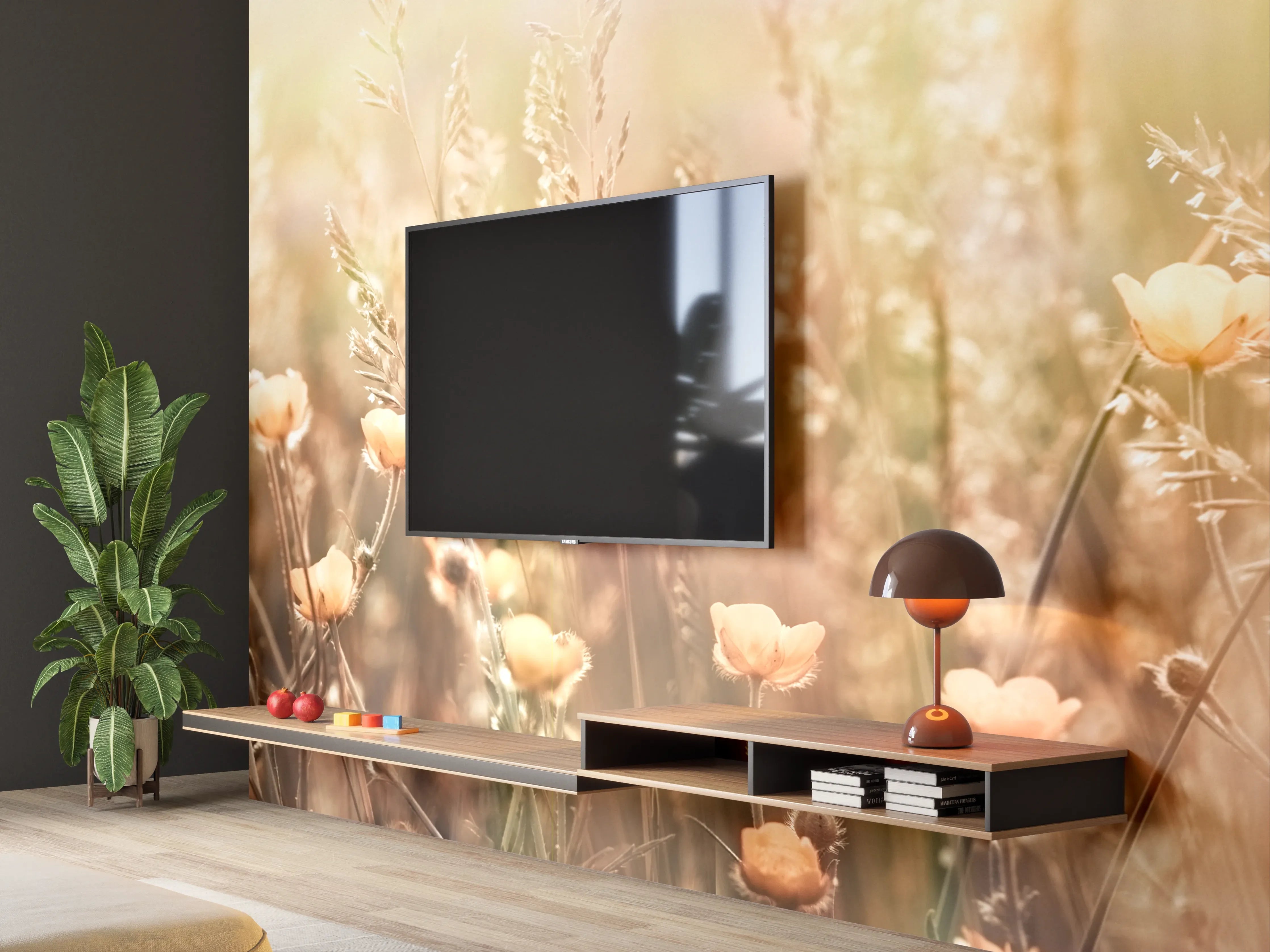 Wandverkleidung Wohnzimmer - Blumenfeld mit Sonnenstrahlen