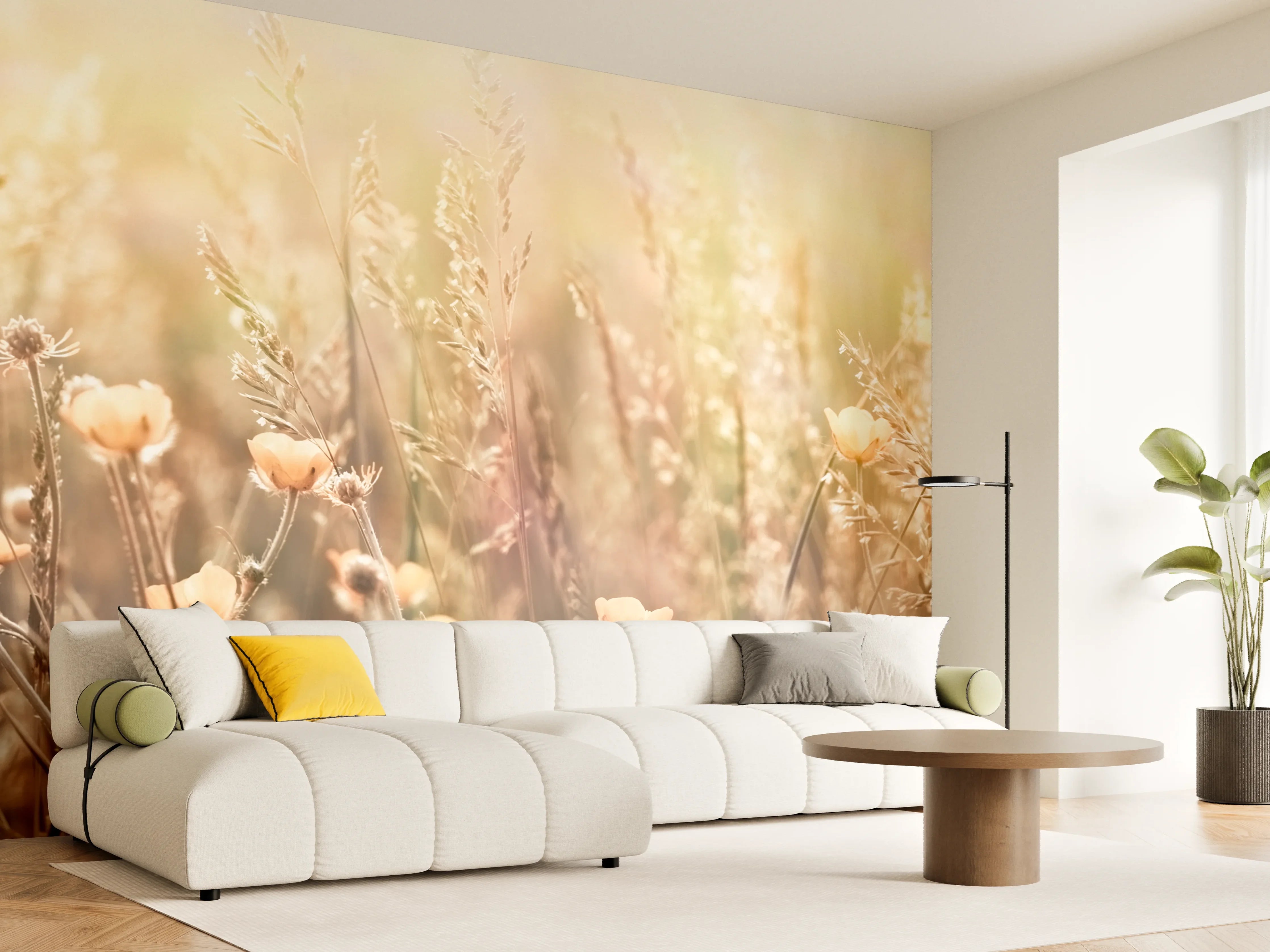 Wandverkleidung Wohnzimmer - Blumenfeld mit Sonnenstrahlen