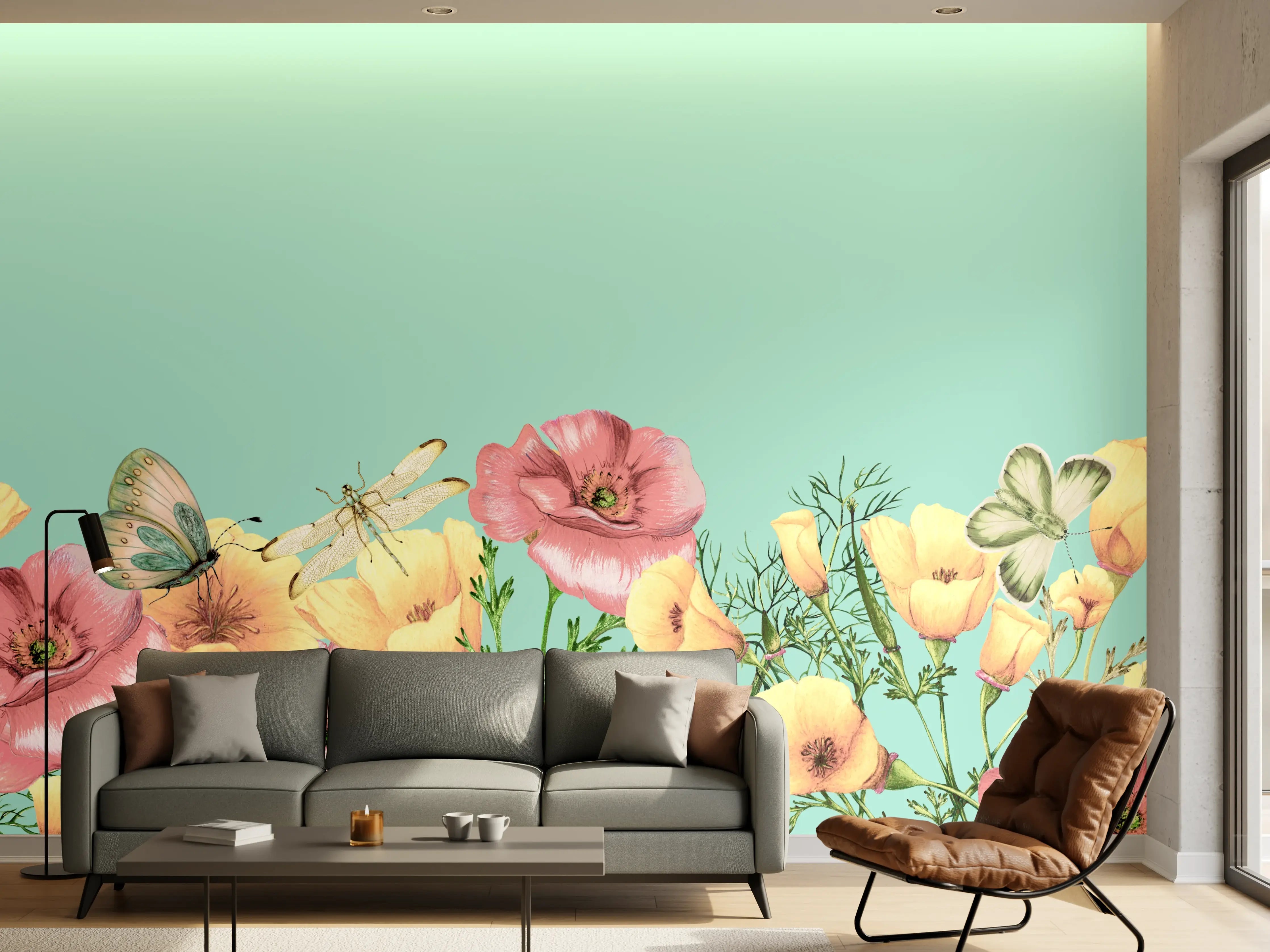 Wandverkleidung Wohnzimmer - Blumengarten im Frühling
