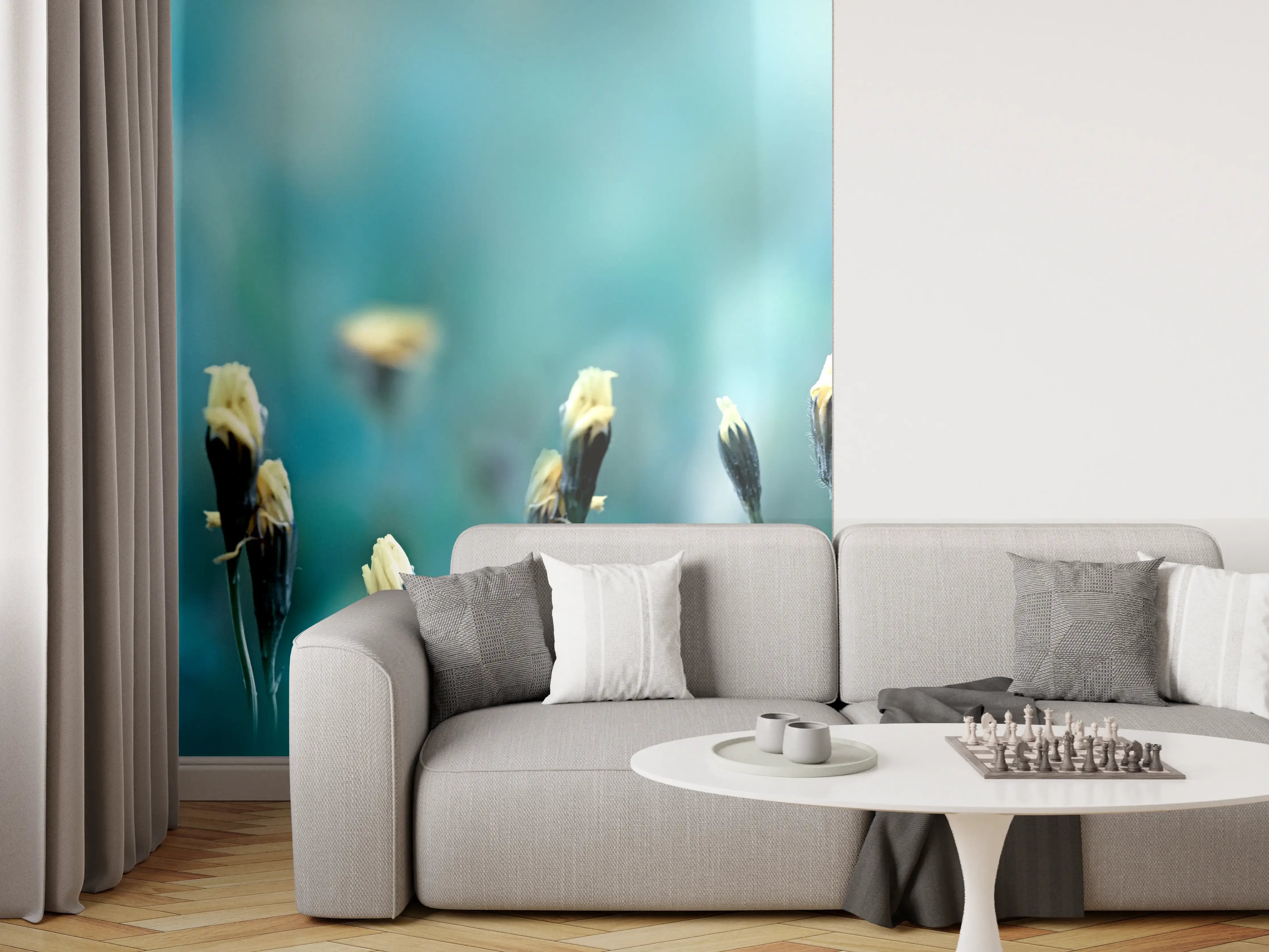 Wandverkleidung Wohnzimmer - Blumenmeer im bläulichen Licht