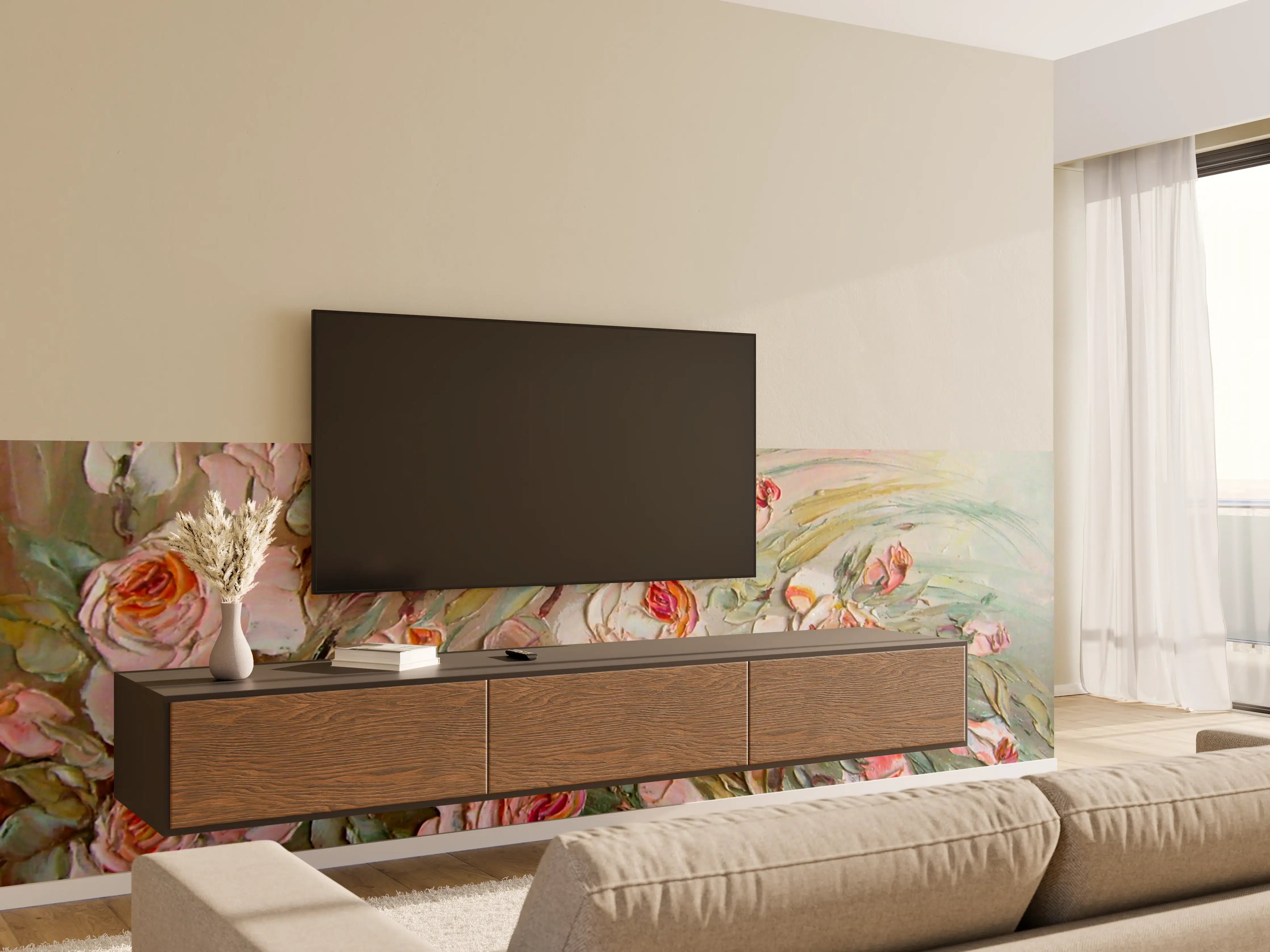 Wandverkleidung Wohnzimmer - Blumenmeer in zarten Pastelltönen